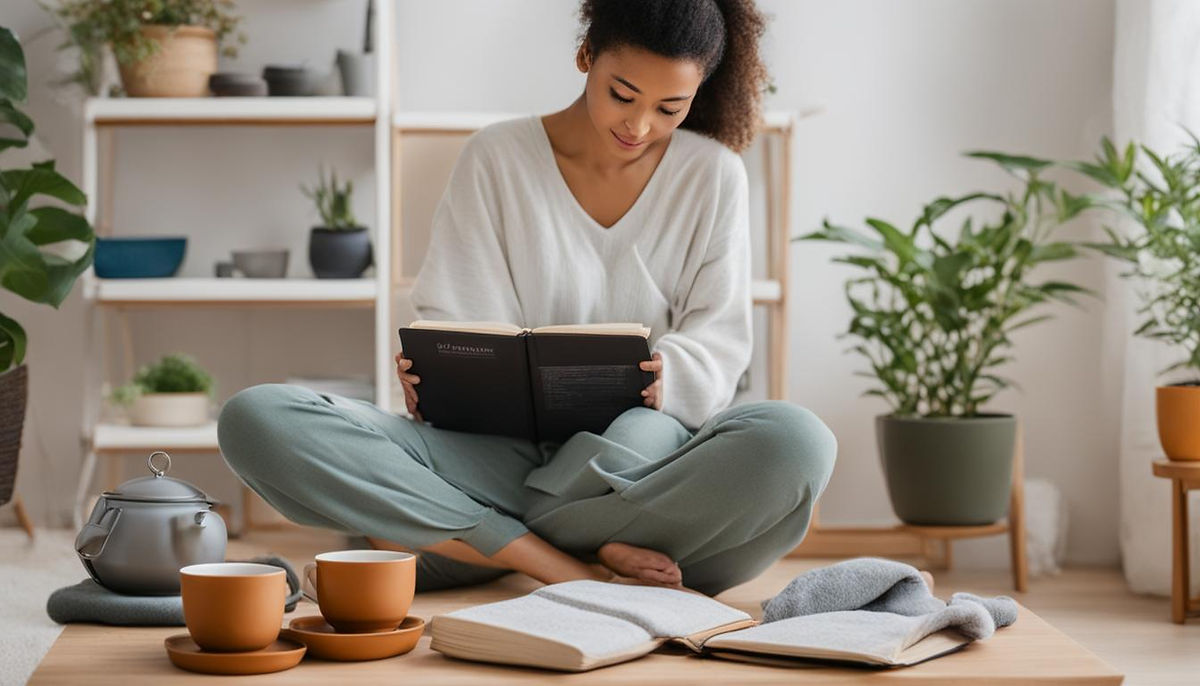 A person sitting in a comfortable space with a heating pad on their back, surrounded by calming items such as a plant, a book, and a cup of tea. They are wearing loose clothing and appear relaxed. In the background, there is an image of a calendar with highlighted days to track symptoms and appointments.