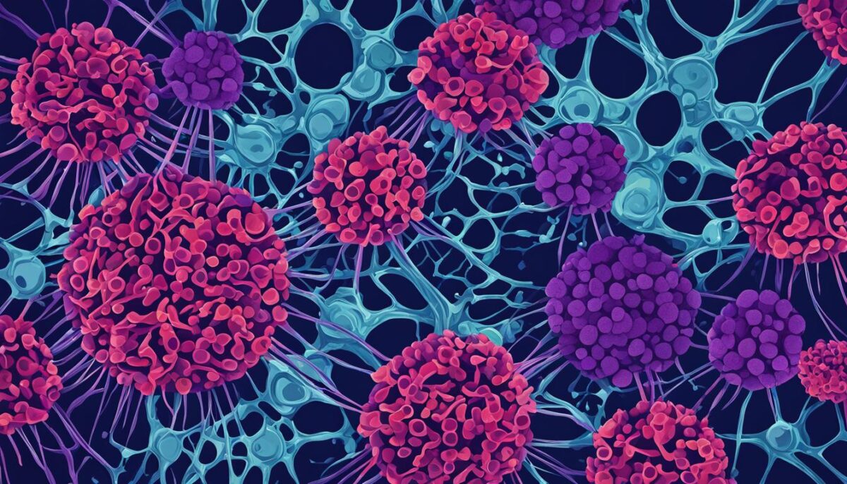 Abstract depiction of lupus cells and cancer cells overlapping