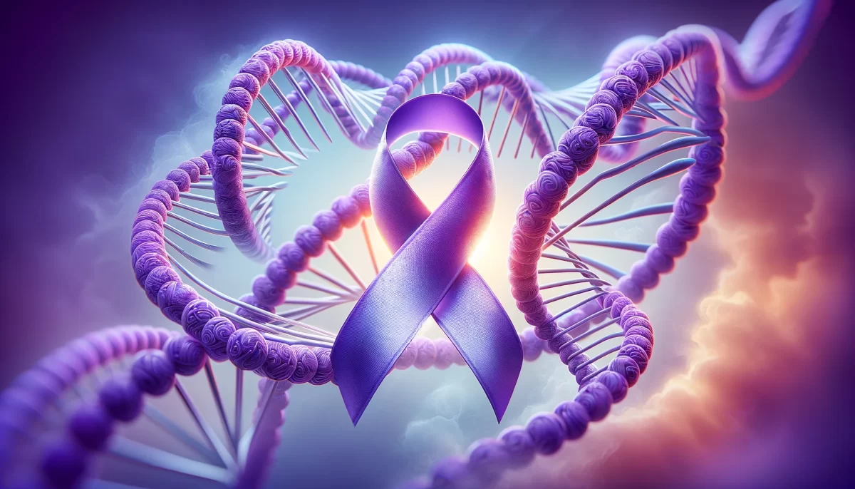 A purple lupus ribbon intertwined with a DNA helix
