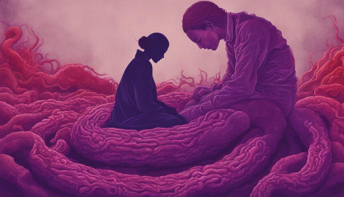 A person sitting on a stomach with a vague outline of intestines in the background. The person appears to be in discomfort and clutches their gut.