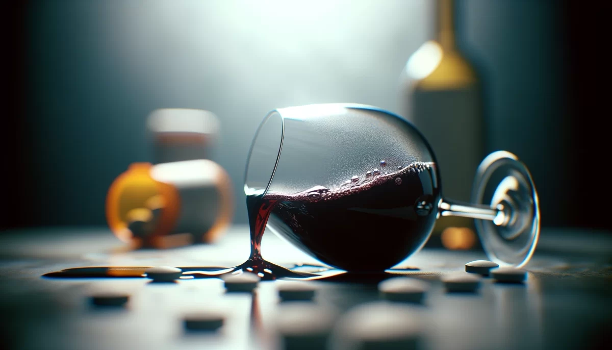 A close up of a glass of wine tipped over of its side with pills