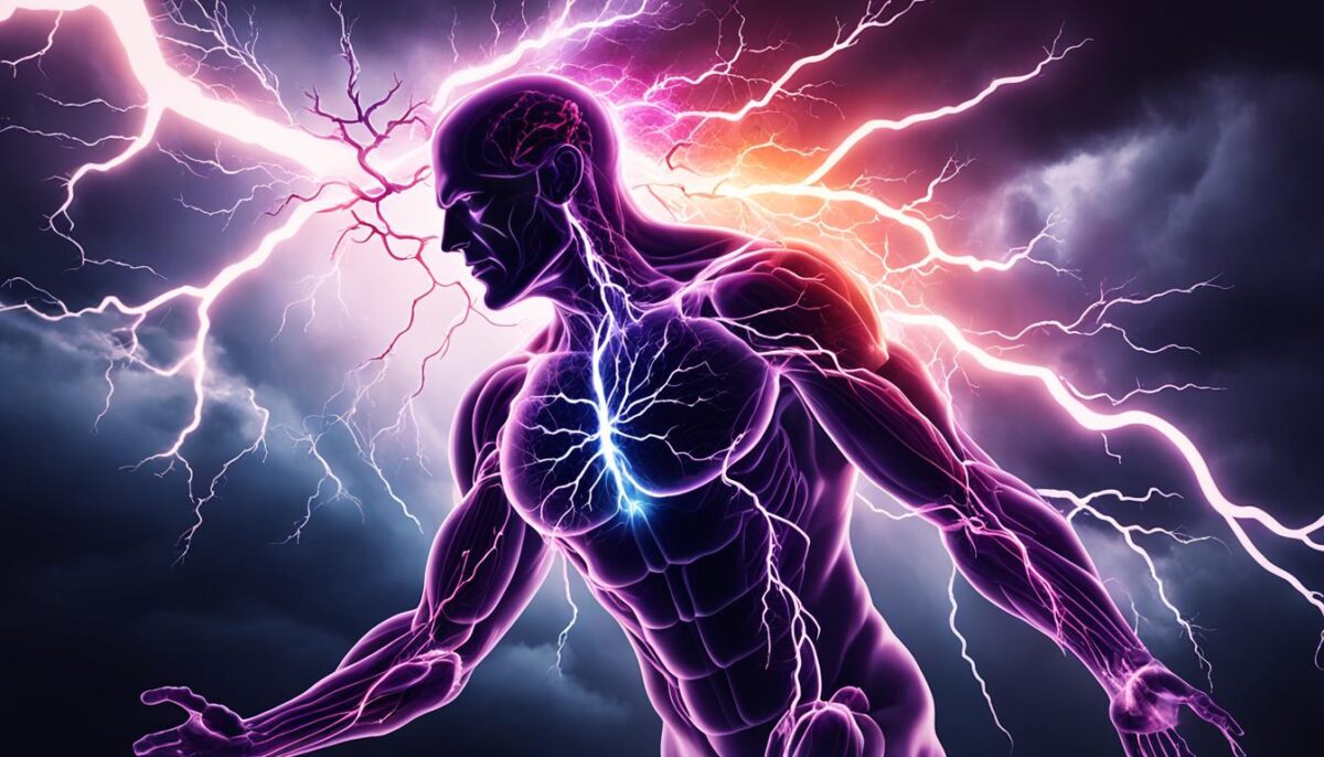a dark storm cloud with lightning bolts striking through it, symbolizing the unpredictable nature of lupus flare-ups
