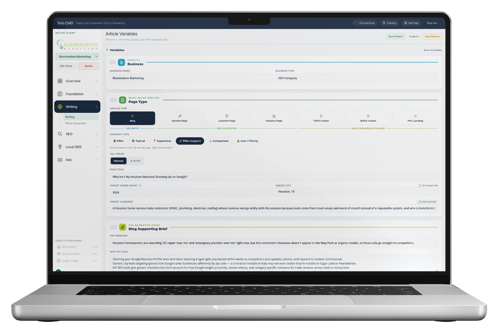 SoloCMO content generation interface
