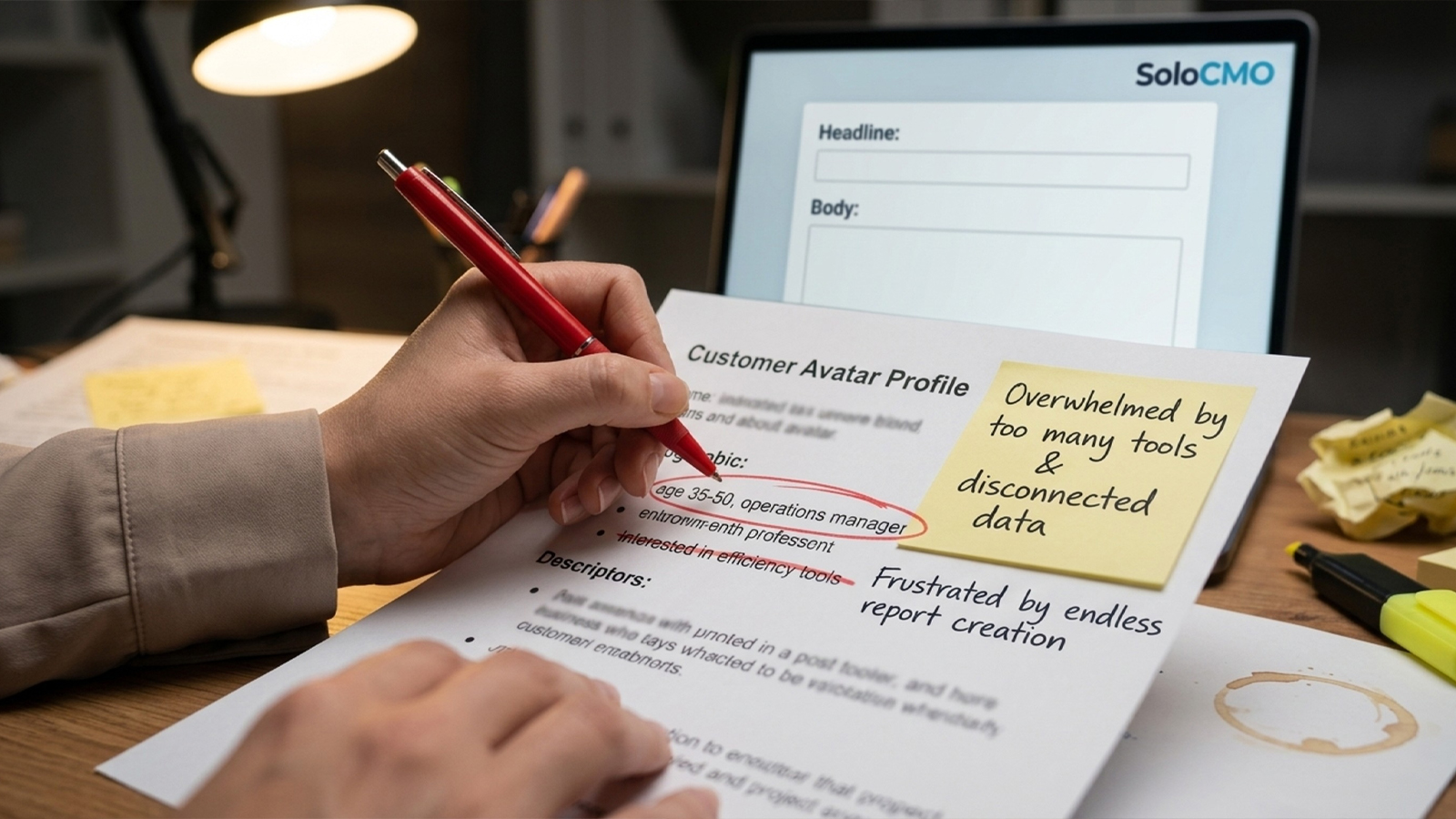 Hand circling generic demographic text on a customer avatar document beside handwritten pain-point language