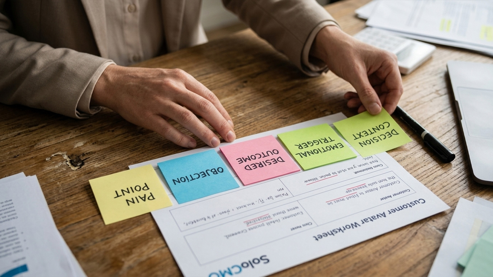 Hands arranging five labeled sticky notes representing a customer avatar audit for ad copy inputs