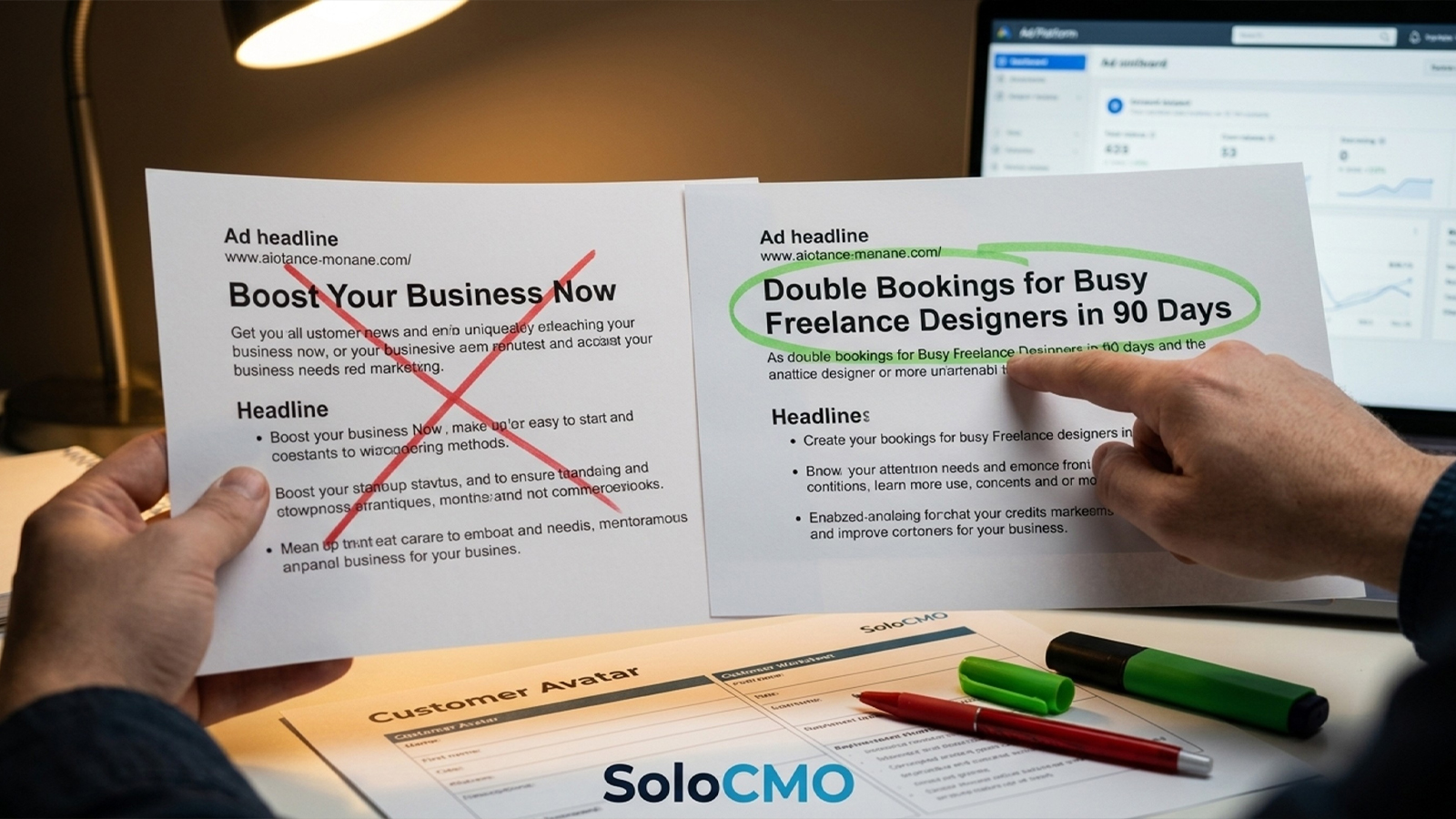 Hands comparing a generic ad headline against a specific customer avatar-driven headline