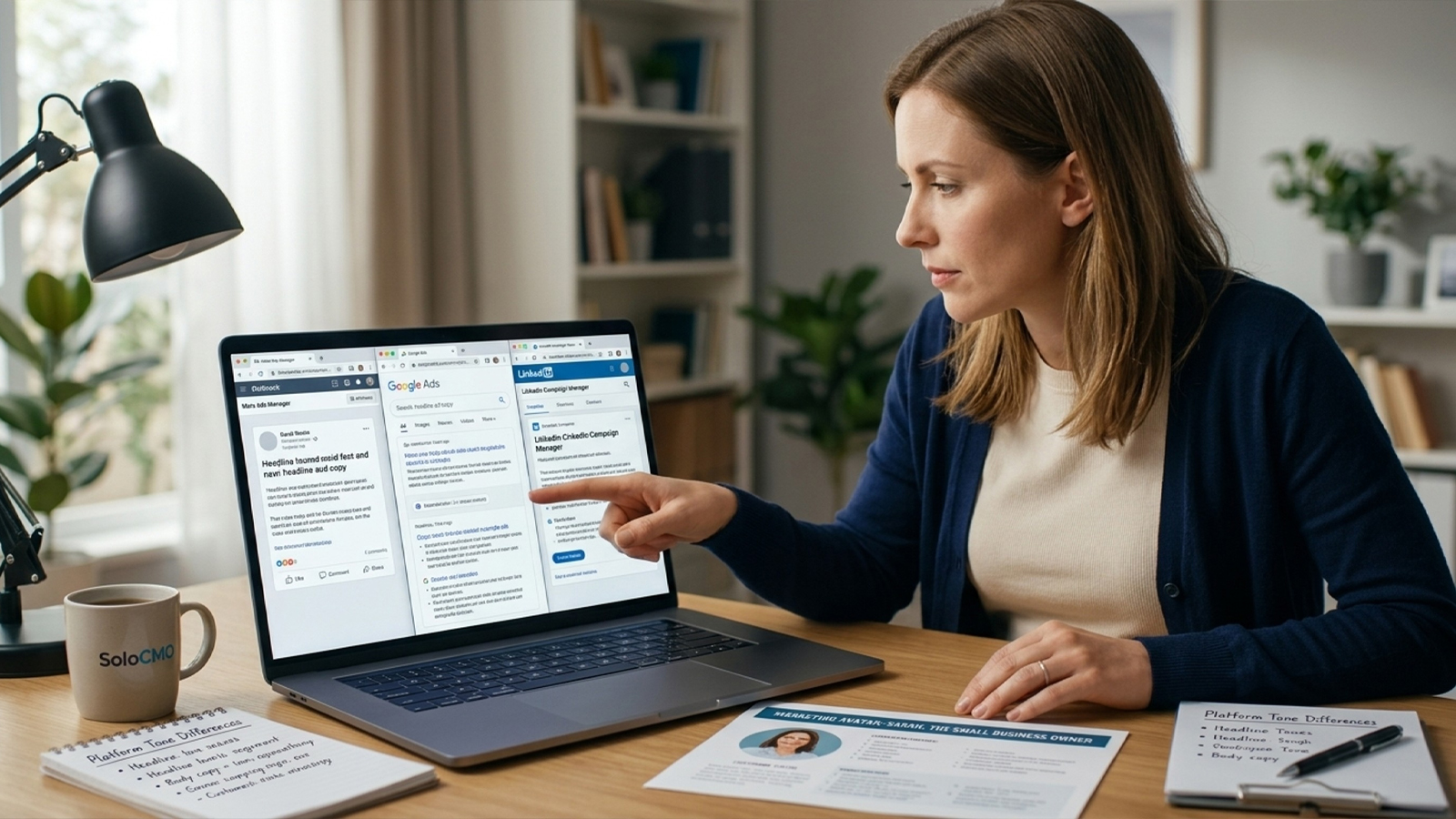 Marketer comparing Meta, Google, and LinkedIn ad drafts built from the same customer avatar