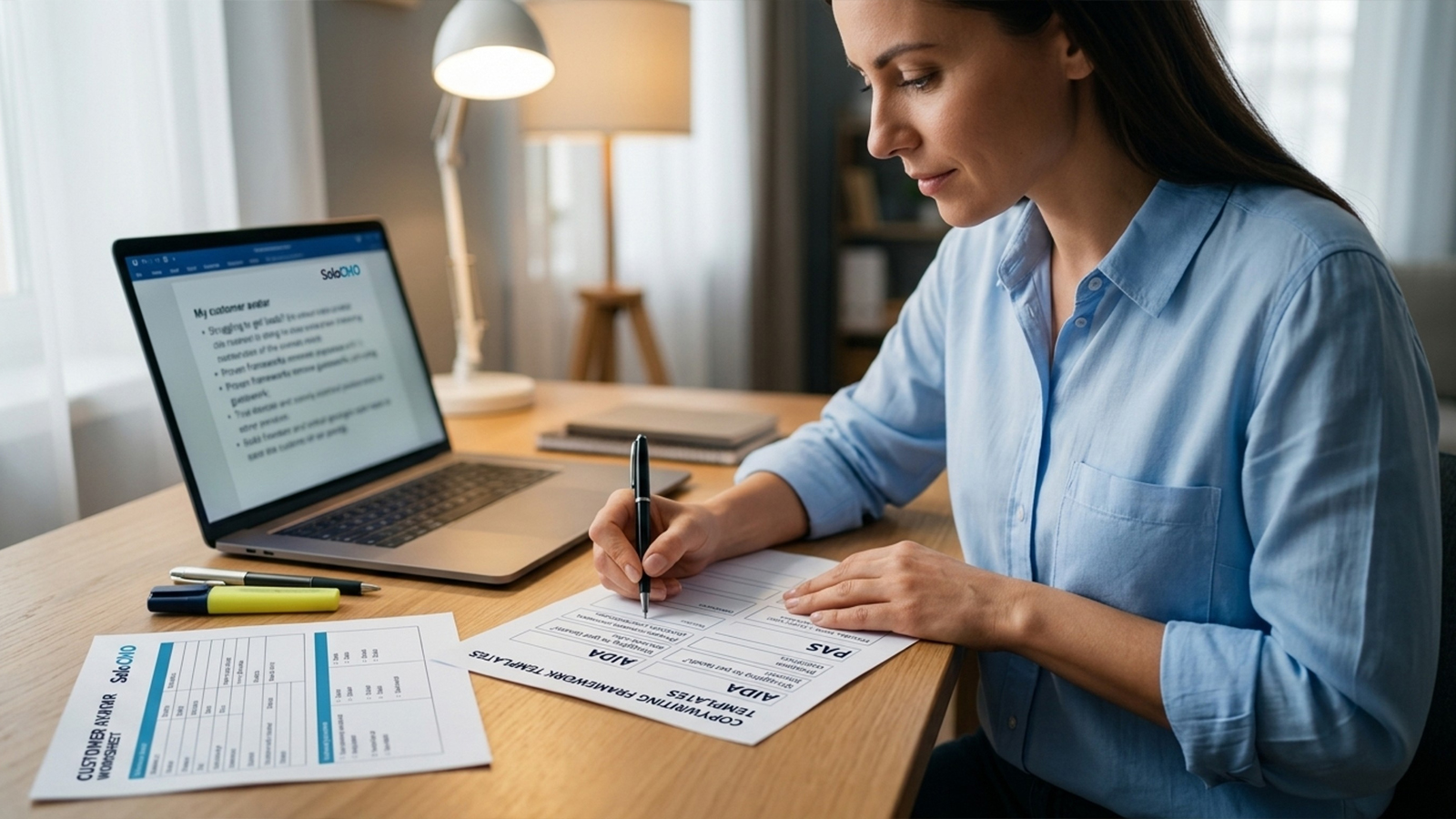 Marketer filling in an AIDA and PAS framework template using customer avatar language