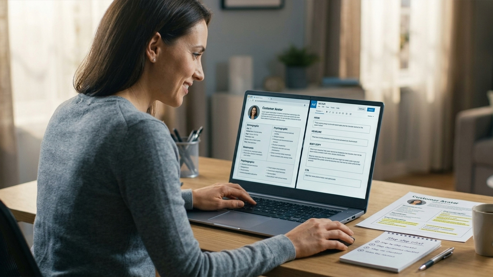Marketer mapping customer avatar notes to hook, headline, body, and CTA fields on a laptop