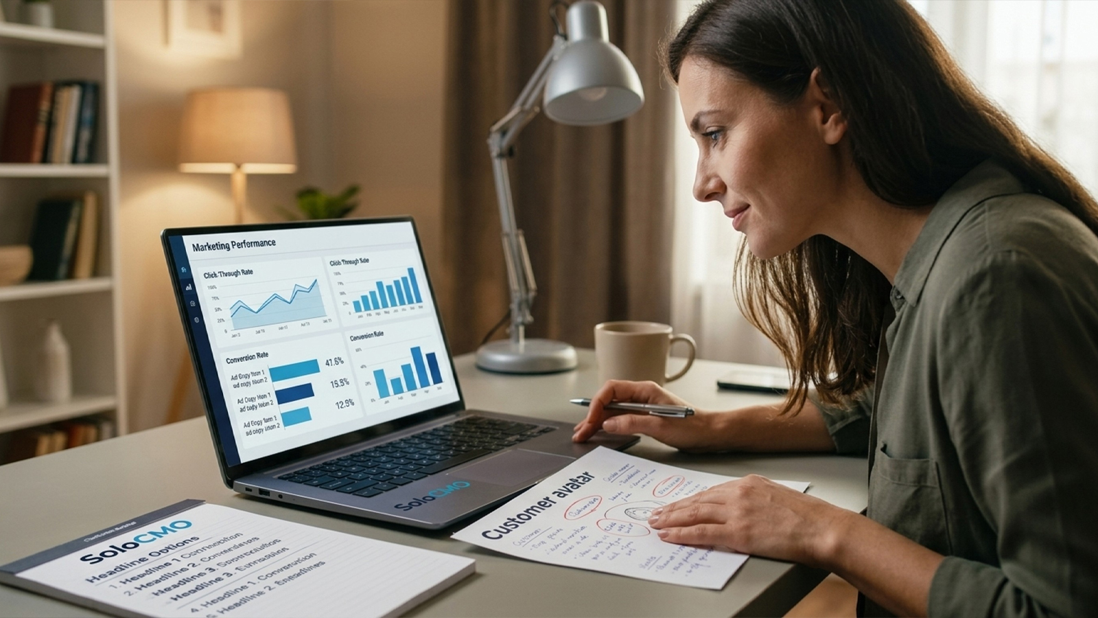 Marketer reviewing ad performance dashboard alongside printed customer avatar notes