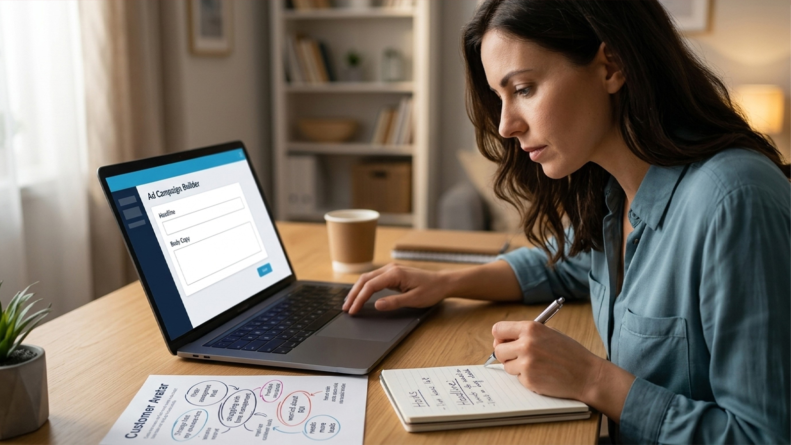 Solo marketer reviewing a customer avatar worksheet while drafting ad copy on a laptop