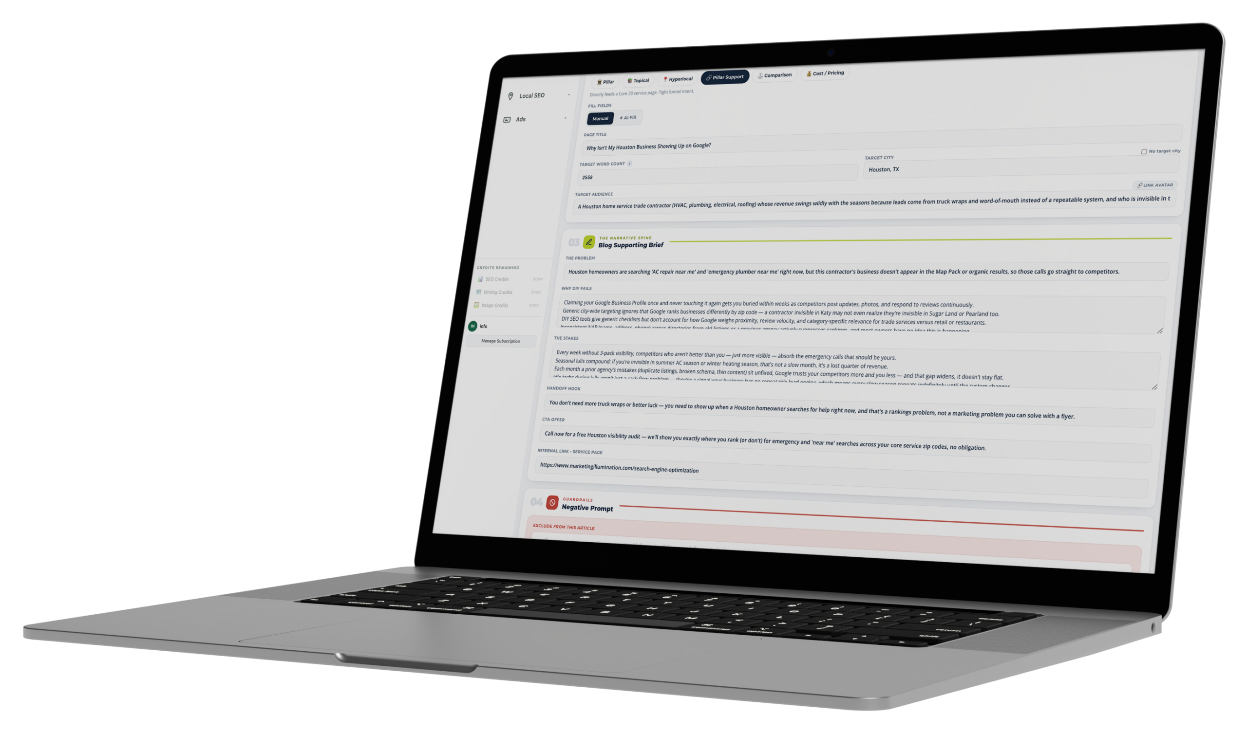 SoloCMO content generation variables screen