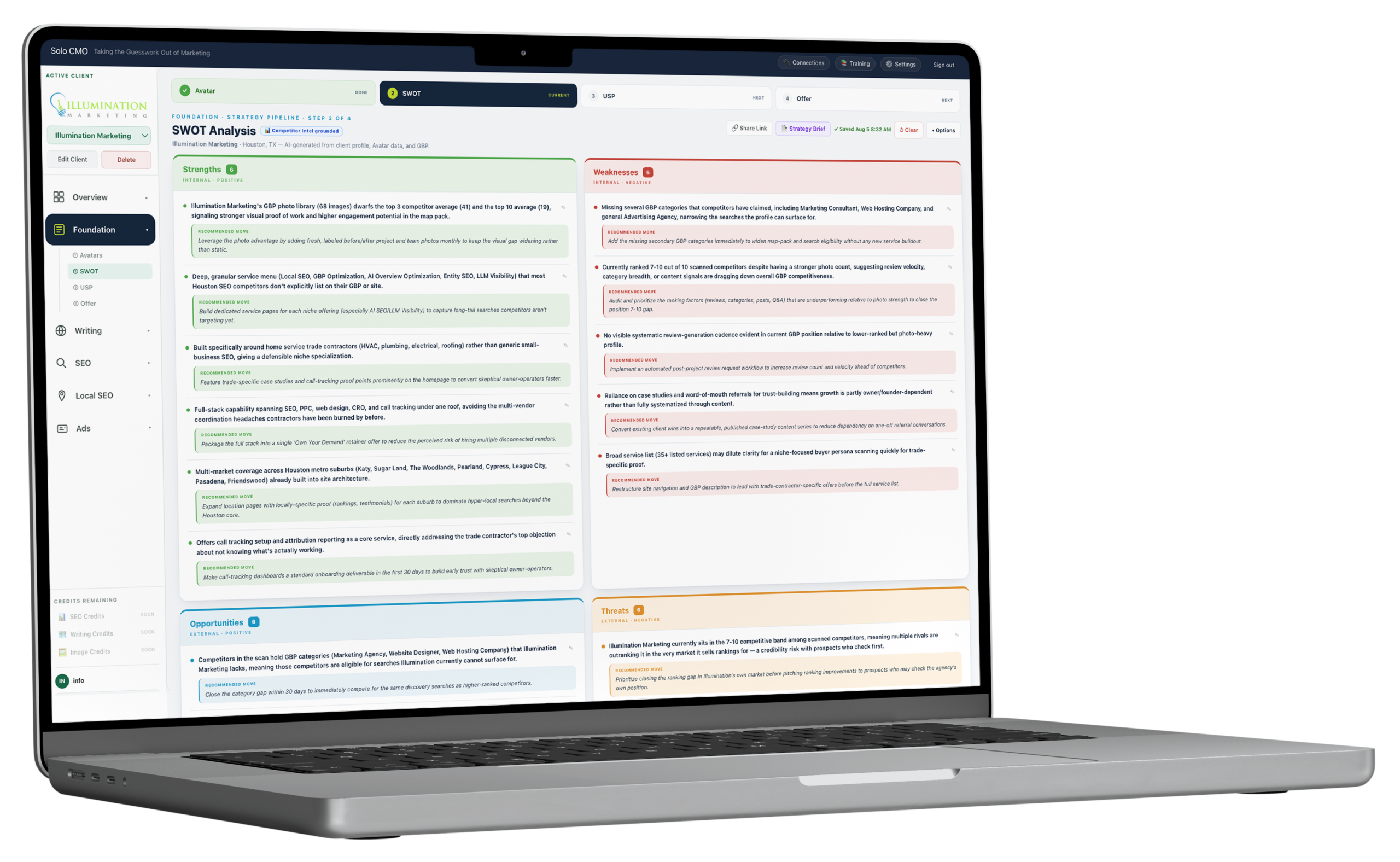SoloCMO SWOT analysis interface