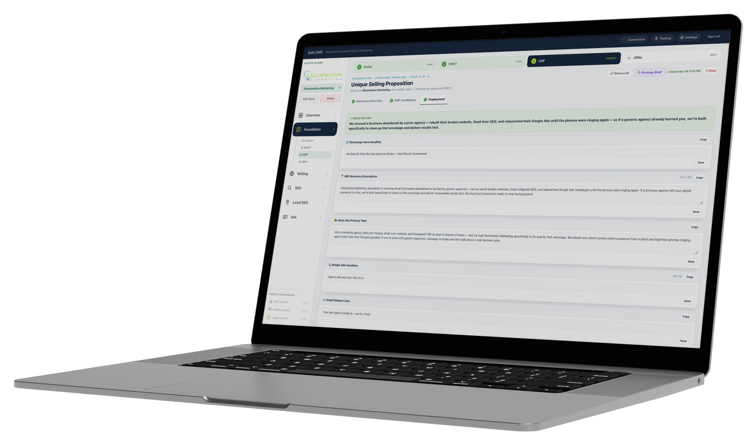 SoloCMO unique selling proposition builder interface