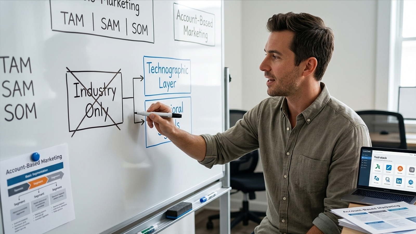 Consultant diagramming behavioral and technographic layers to fix a vague customer profile
