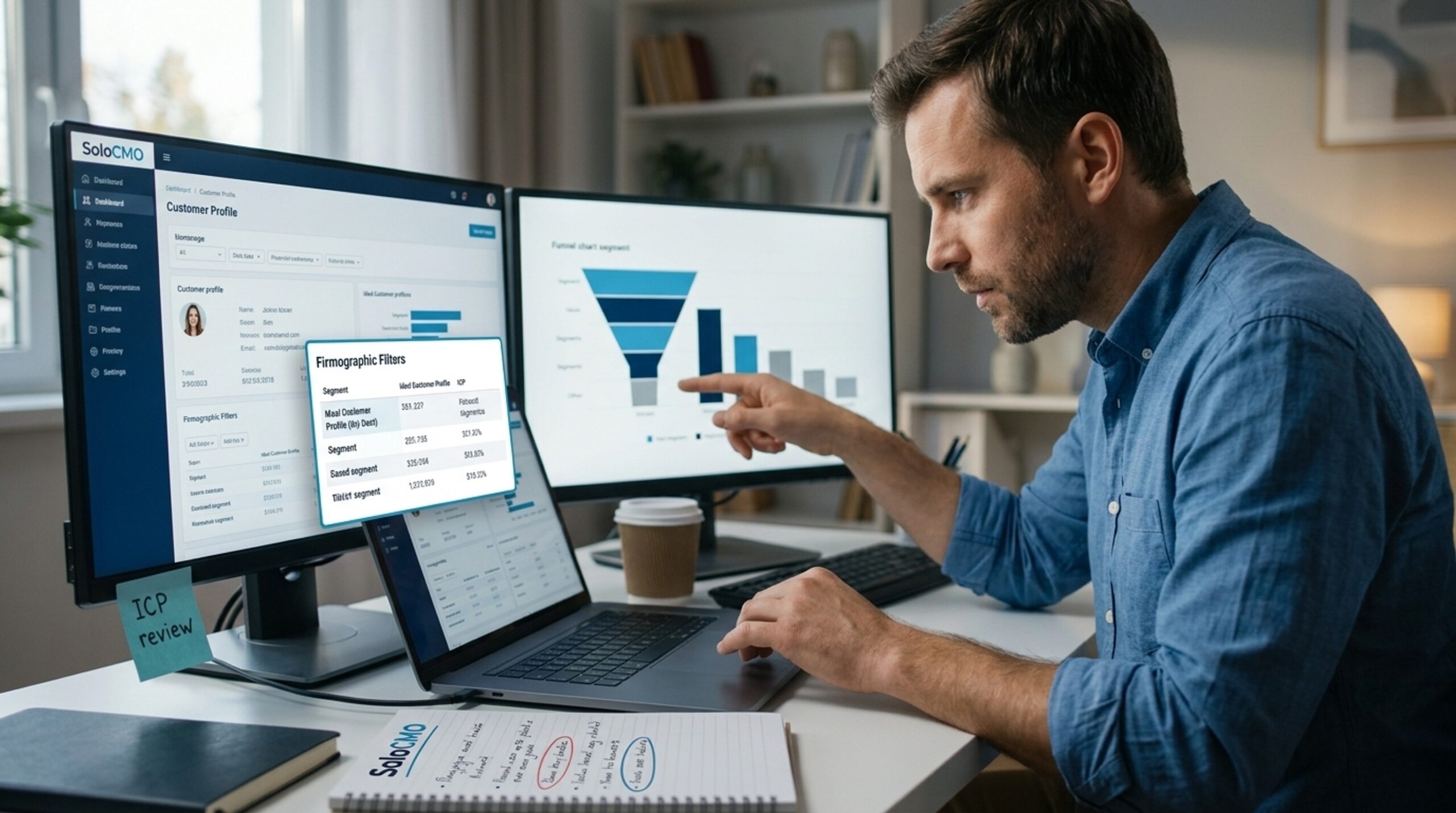 Fractional CMO reviewing a vague customer profile and firmographic data on a laptop dashboard