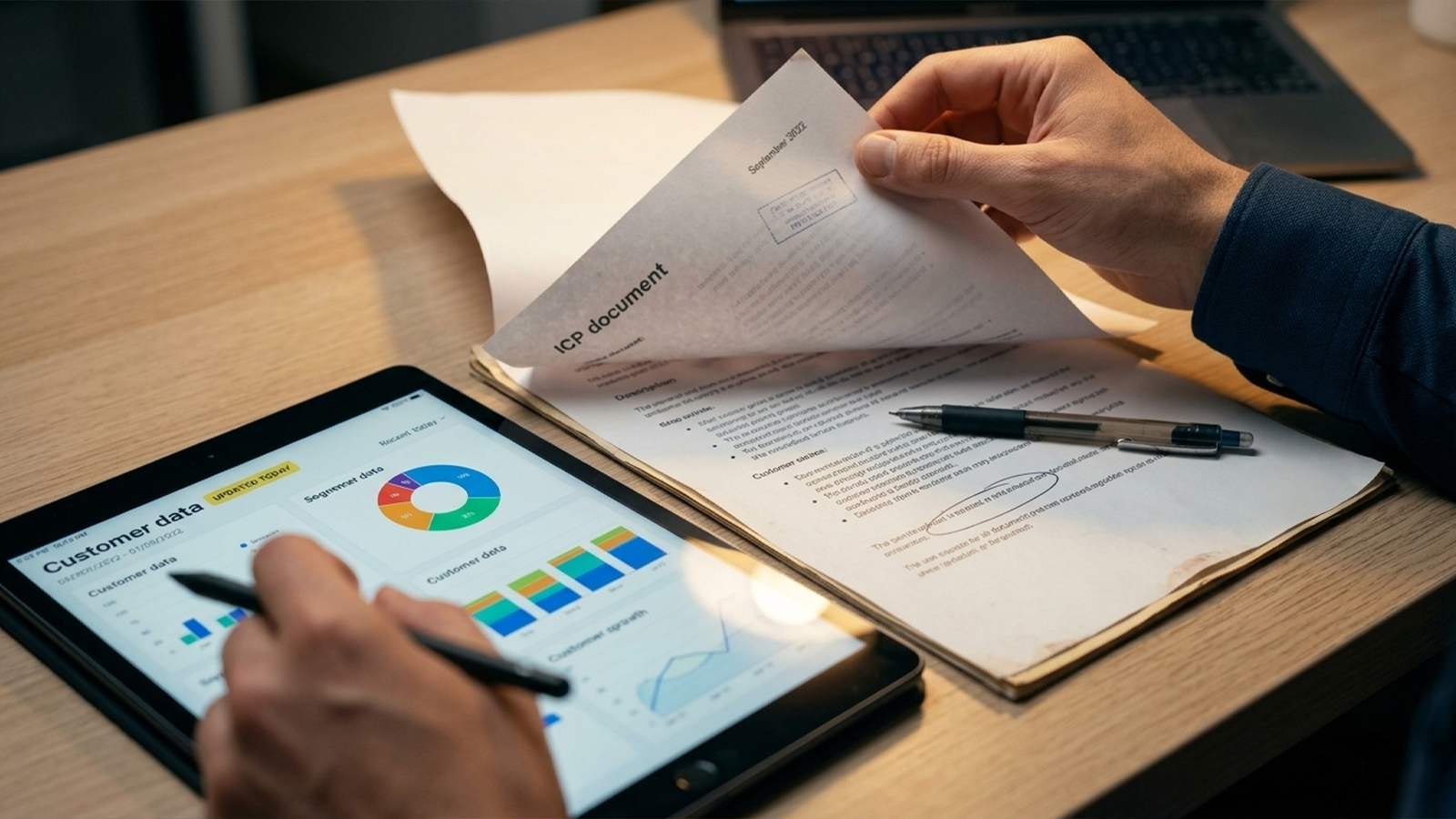 Hands comparing an outdated printed ICP against fresh customer data on a tablet