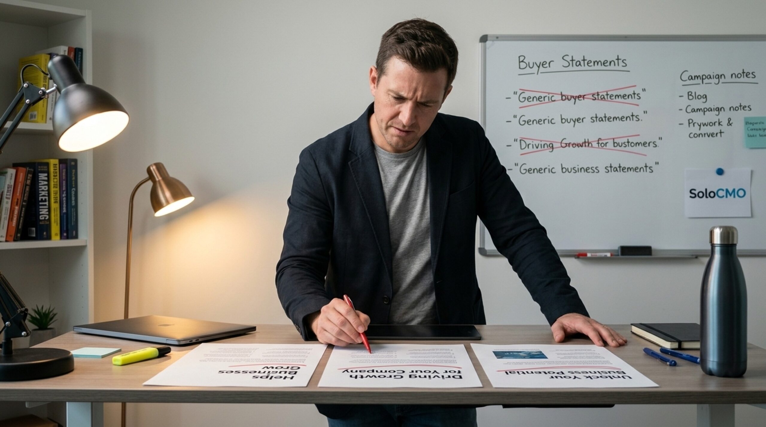 Marketer reviewing generic ad mockups that reveal a vague customer profile problem