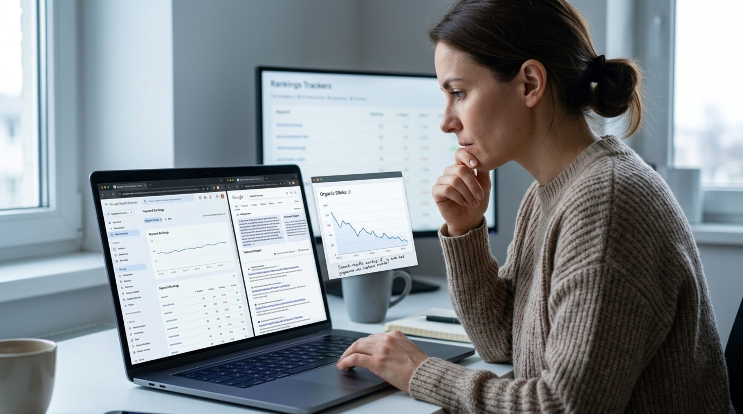 Marketing manager comparing stable keyword rankings against declining organic click data