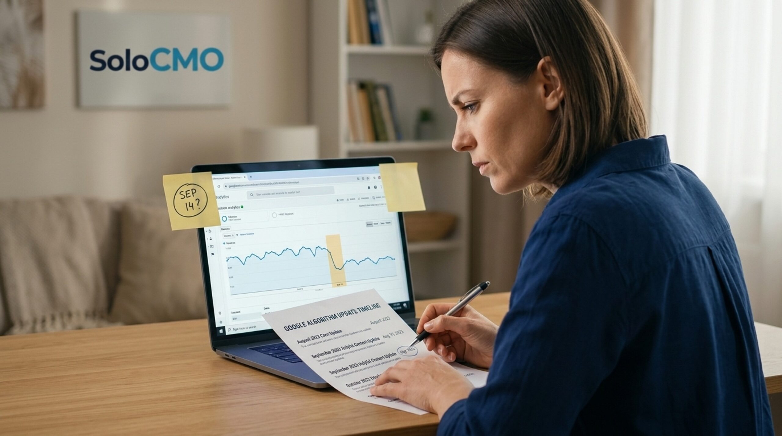 Marketing manager comparing traffic drop date against a Google algorithm update timeline
