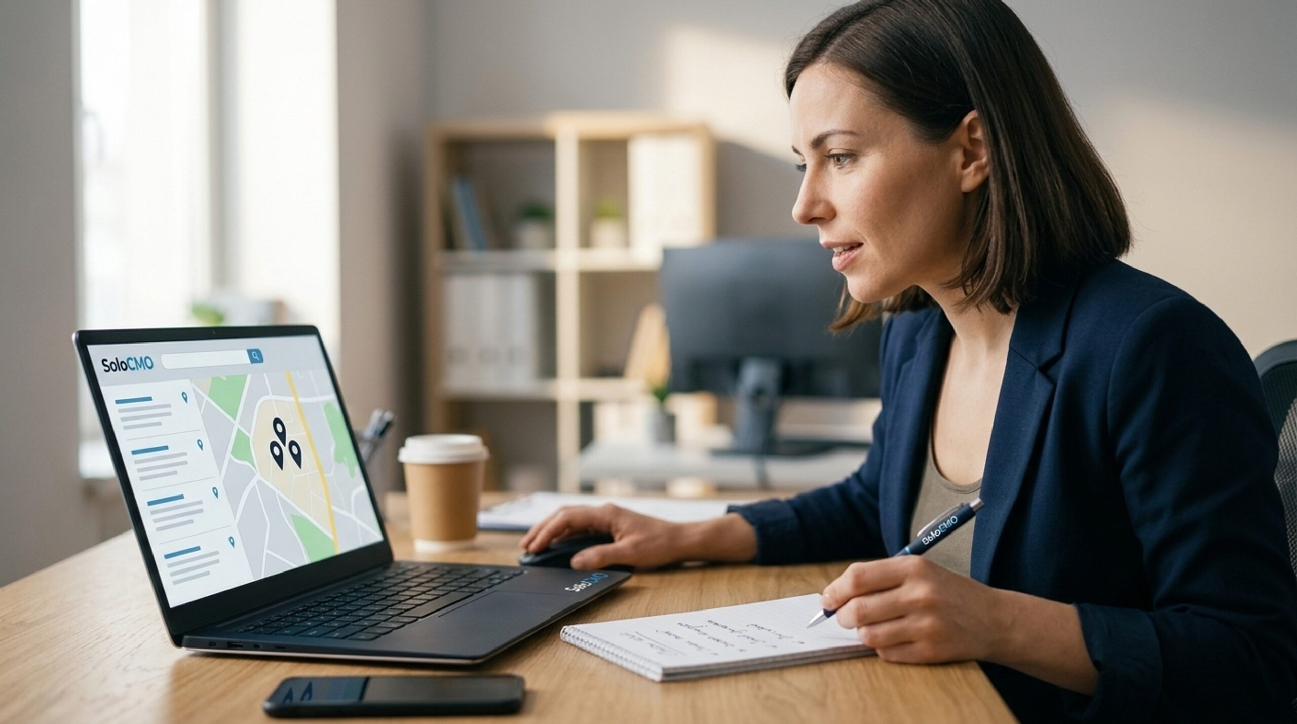 Marketing manager reviewing a local SEO visibility problem on her laptop at her desk