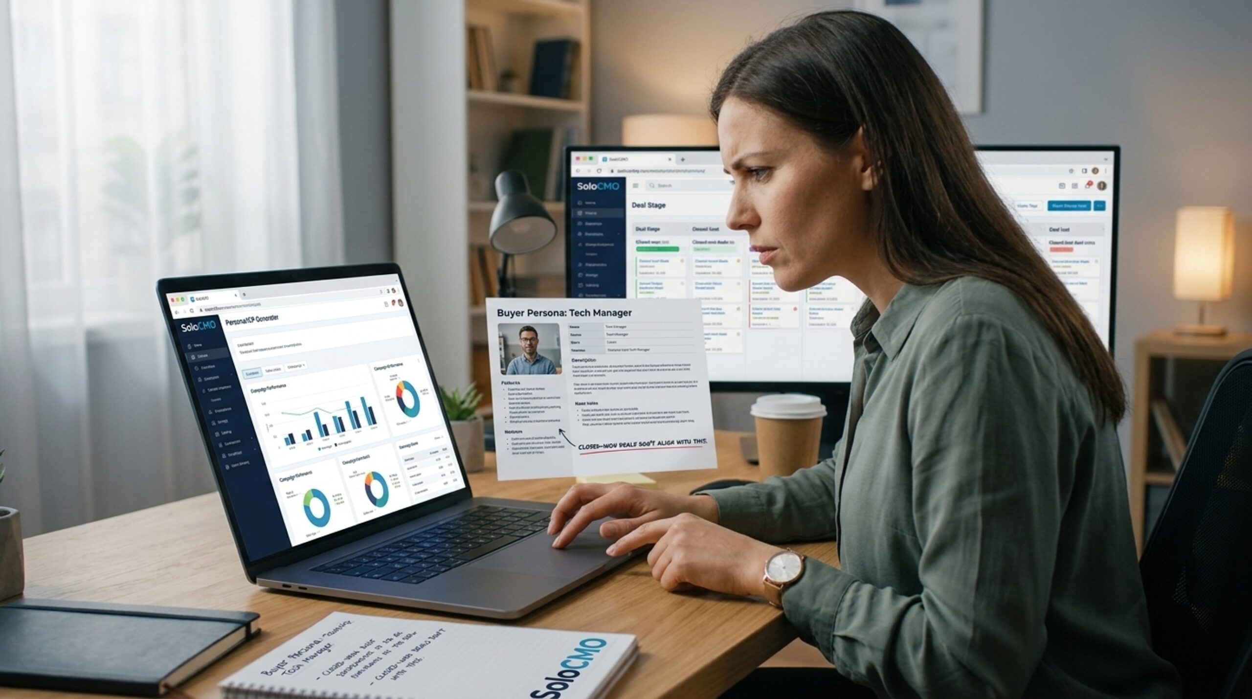 Solo marketer comparing a buyer persona document against CRM data to diagnose why it isn't converting