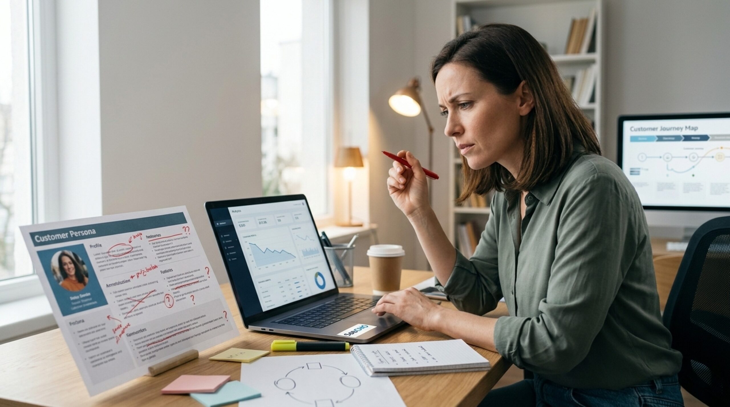 Solo marketer comparing a buyer persona document against CRM data to diagnose why it isn't converting