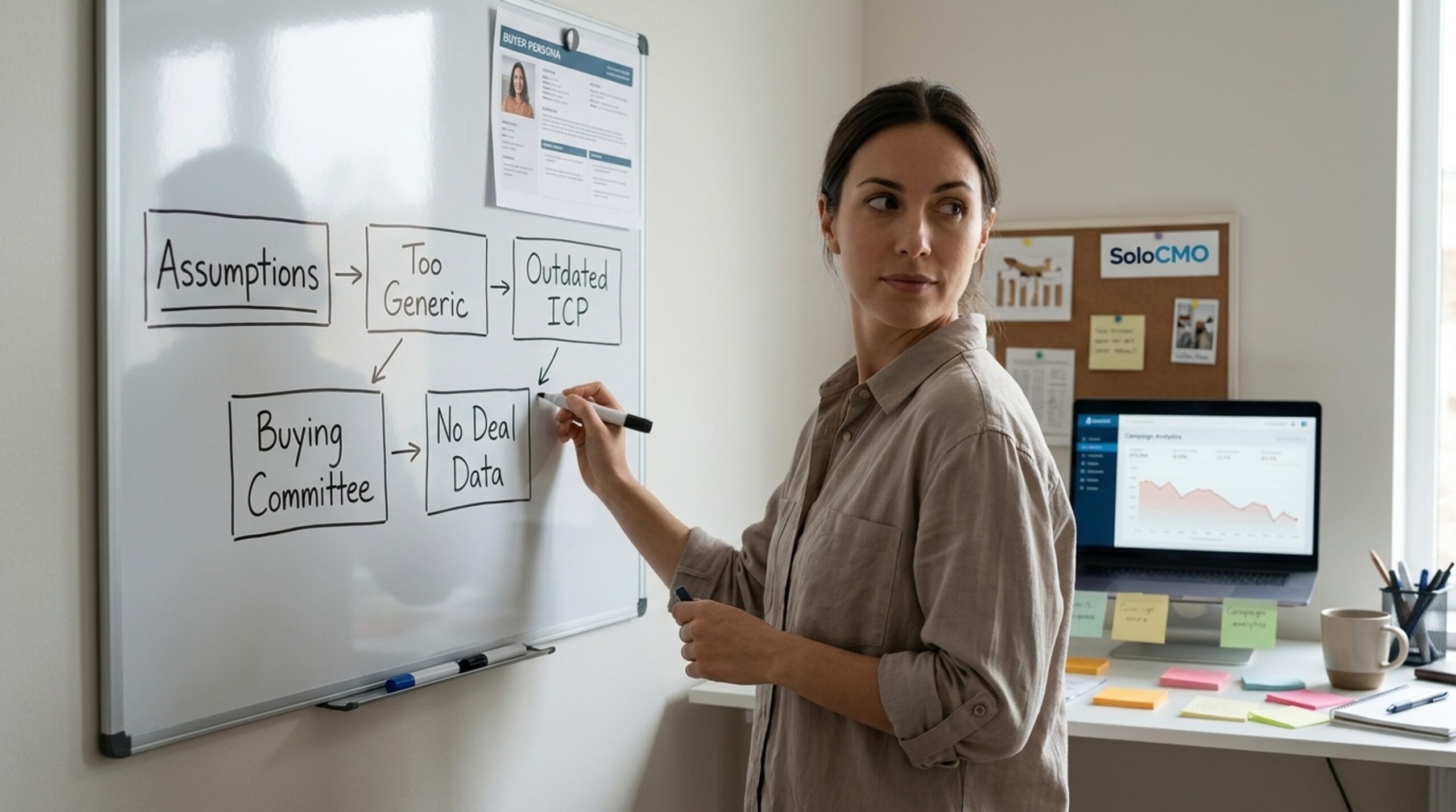 Marketer mapping the five common reasons a buyer persona stops converting on a whiteboard