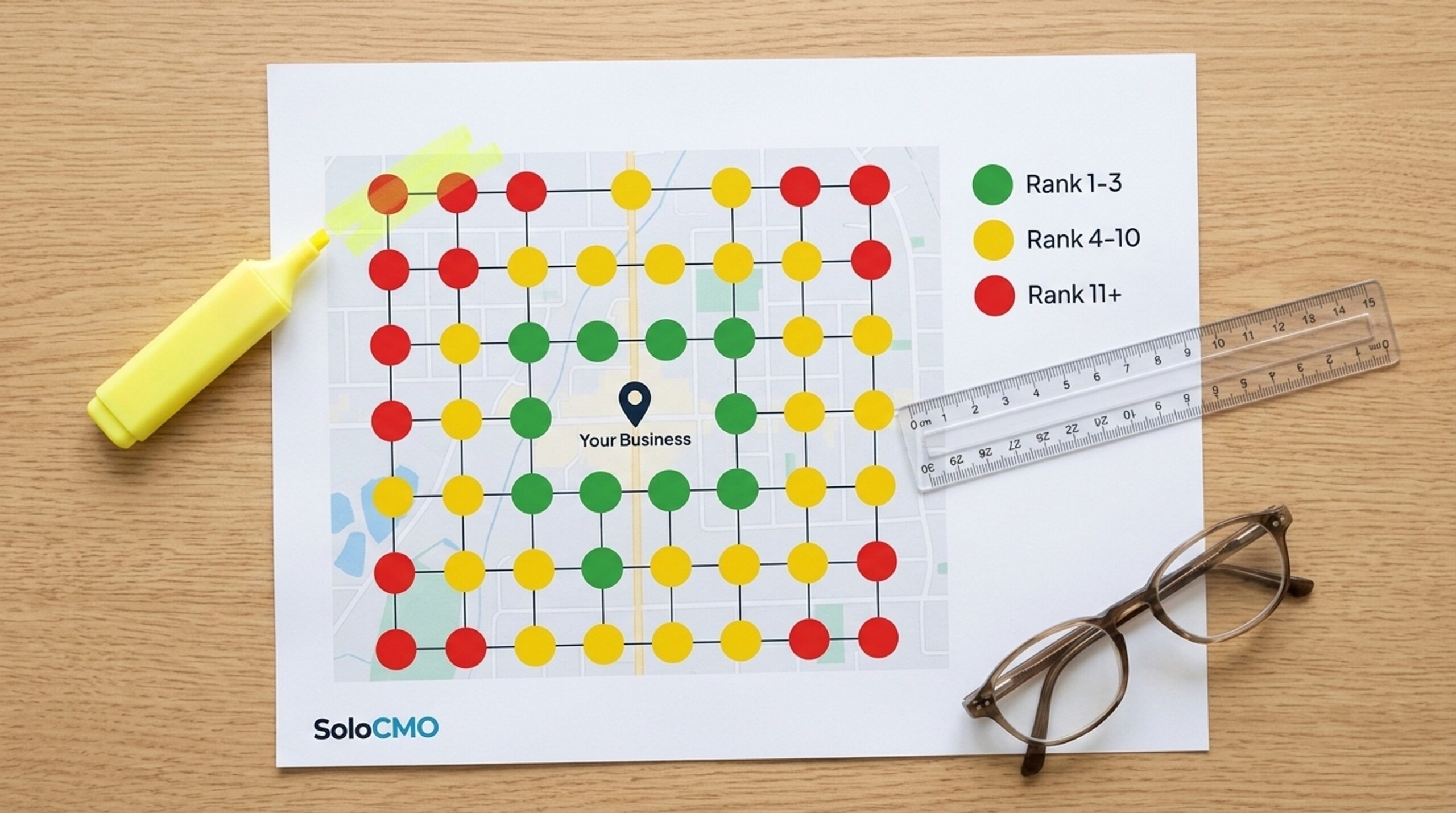  Printed local SEO heatmap report showing grid points, color spectrum, and radius spacing on a desk