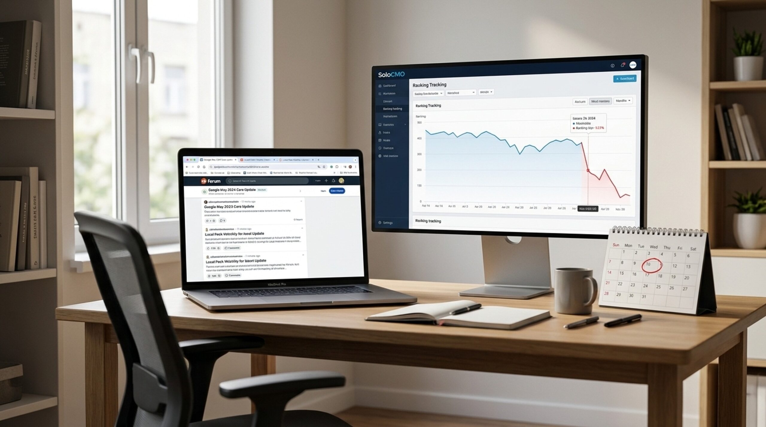 Home office desk showing a ranking trend graph dip alongside Google algorithm update research