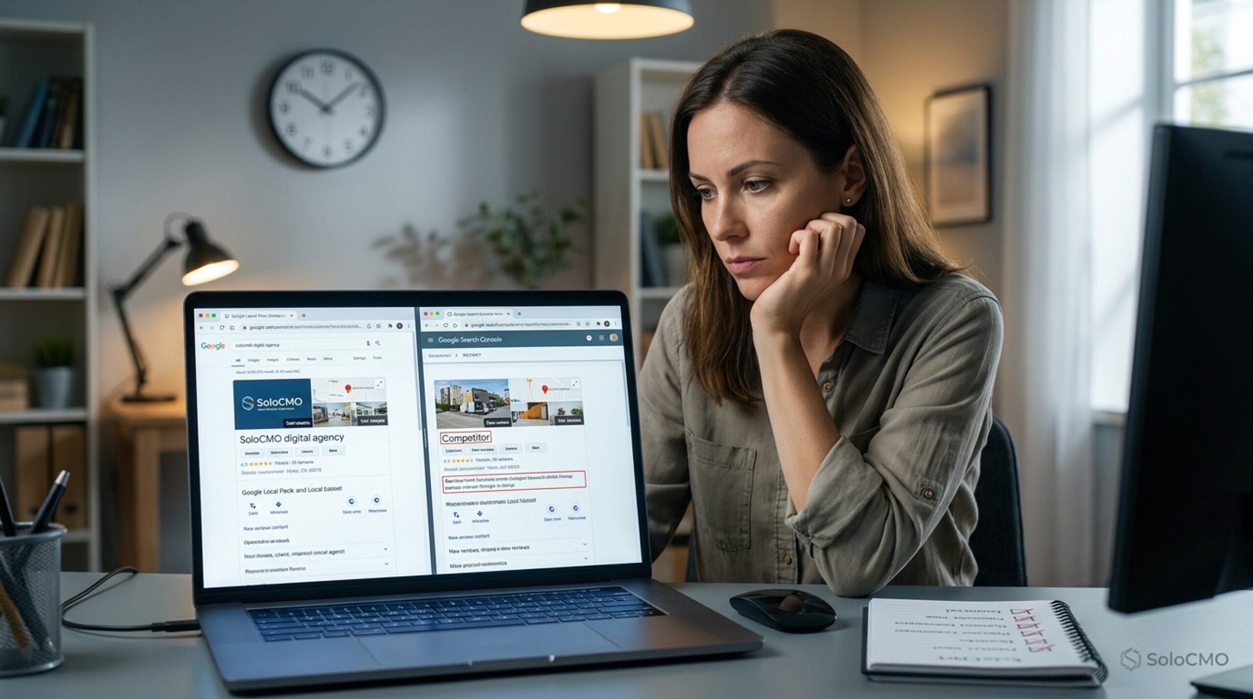 Marketer comparing her local pack listing against a competitor while reviewing a Search Console error report