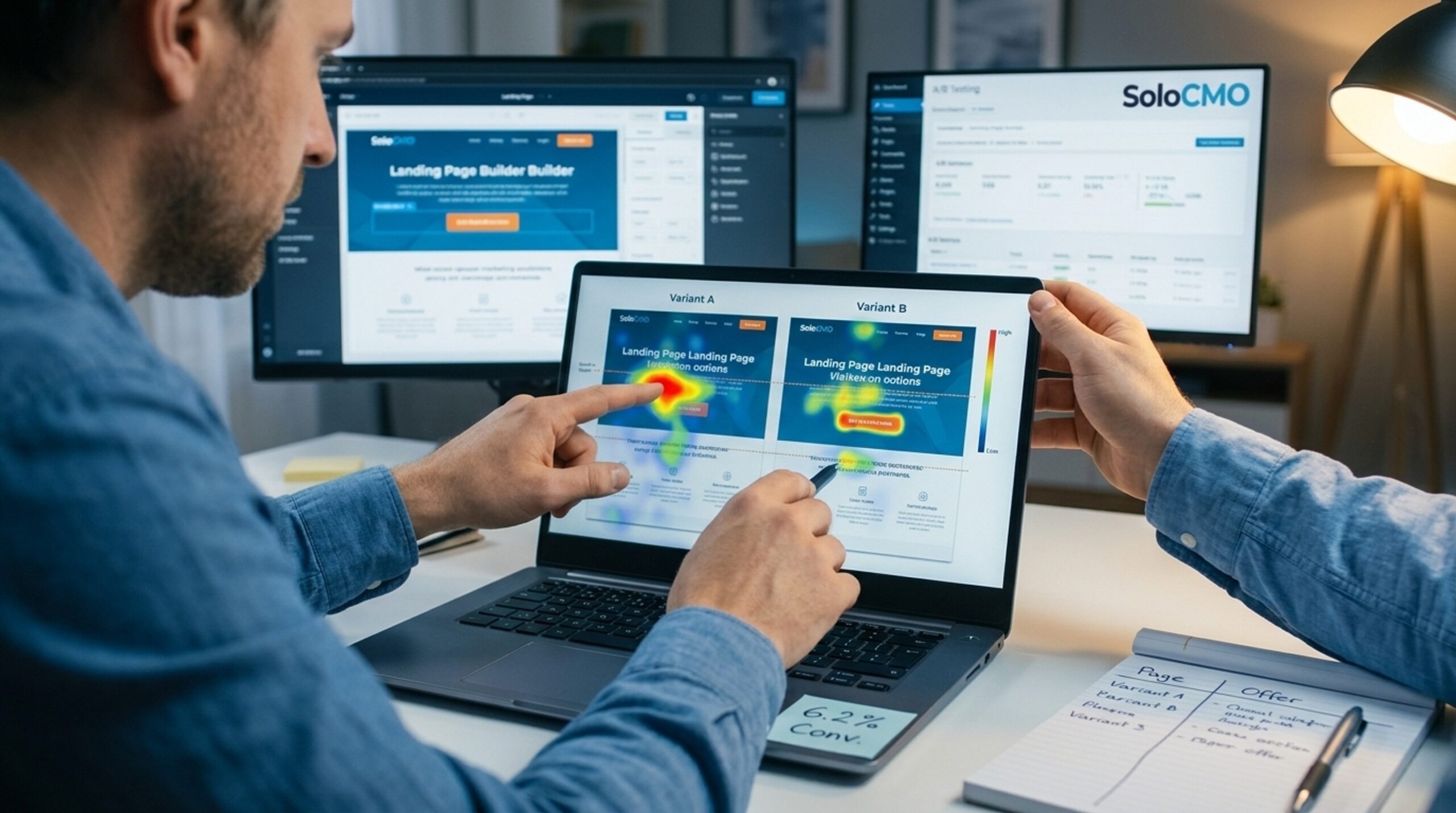 Marketer analyzing a landing page heatmap to separate offer weakness from a leaky funnel page
