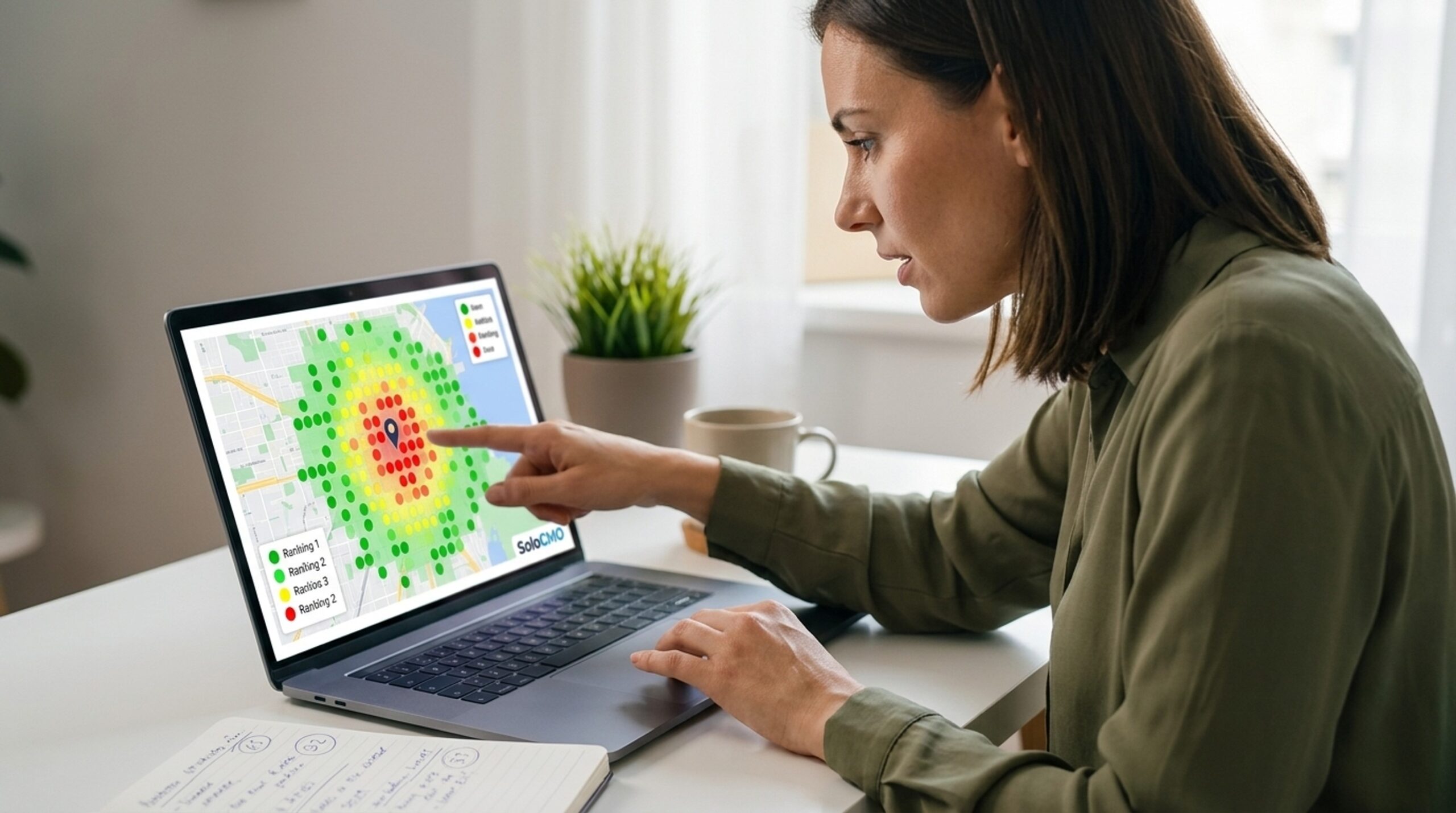 Solo marketing manager reading a local SEO heatmap with colored ranking dots on her laptop screen