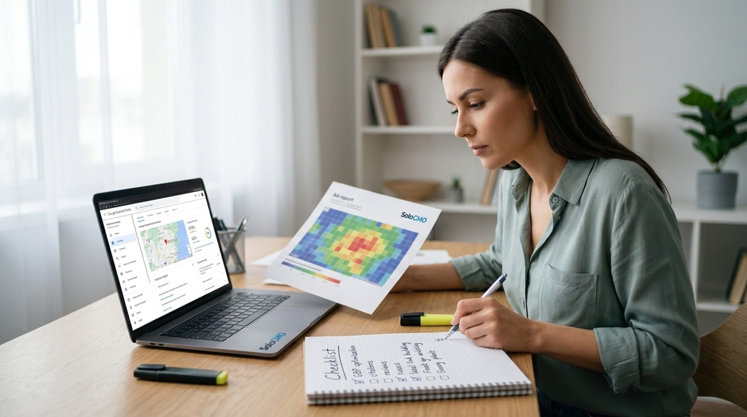 Marketing manager creating an action checklist from a local SEO heatmap pattern at her desk
