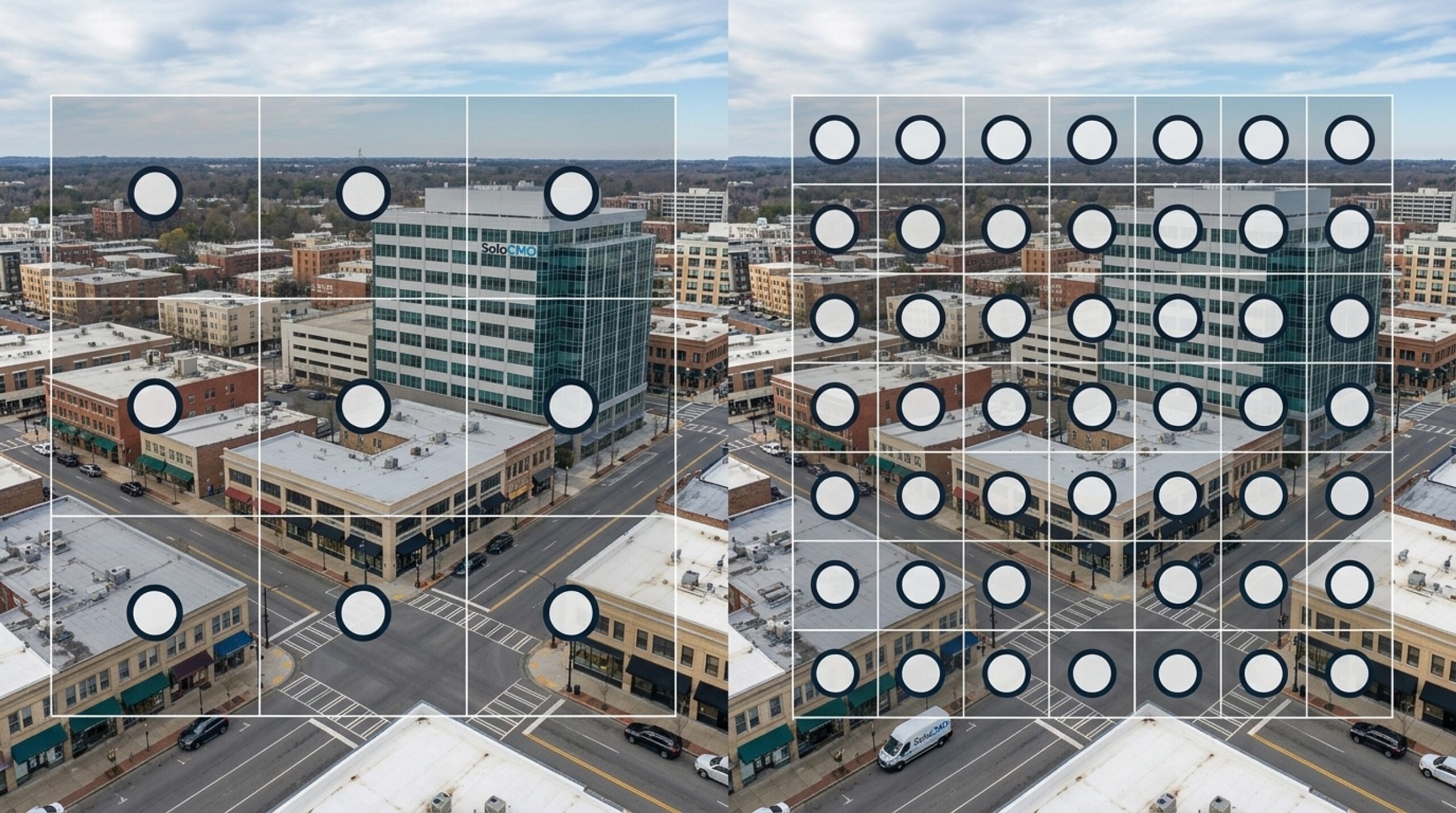 Comparison of sparse versus dense grid point overlays showing local SEO heatmap coverage options