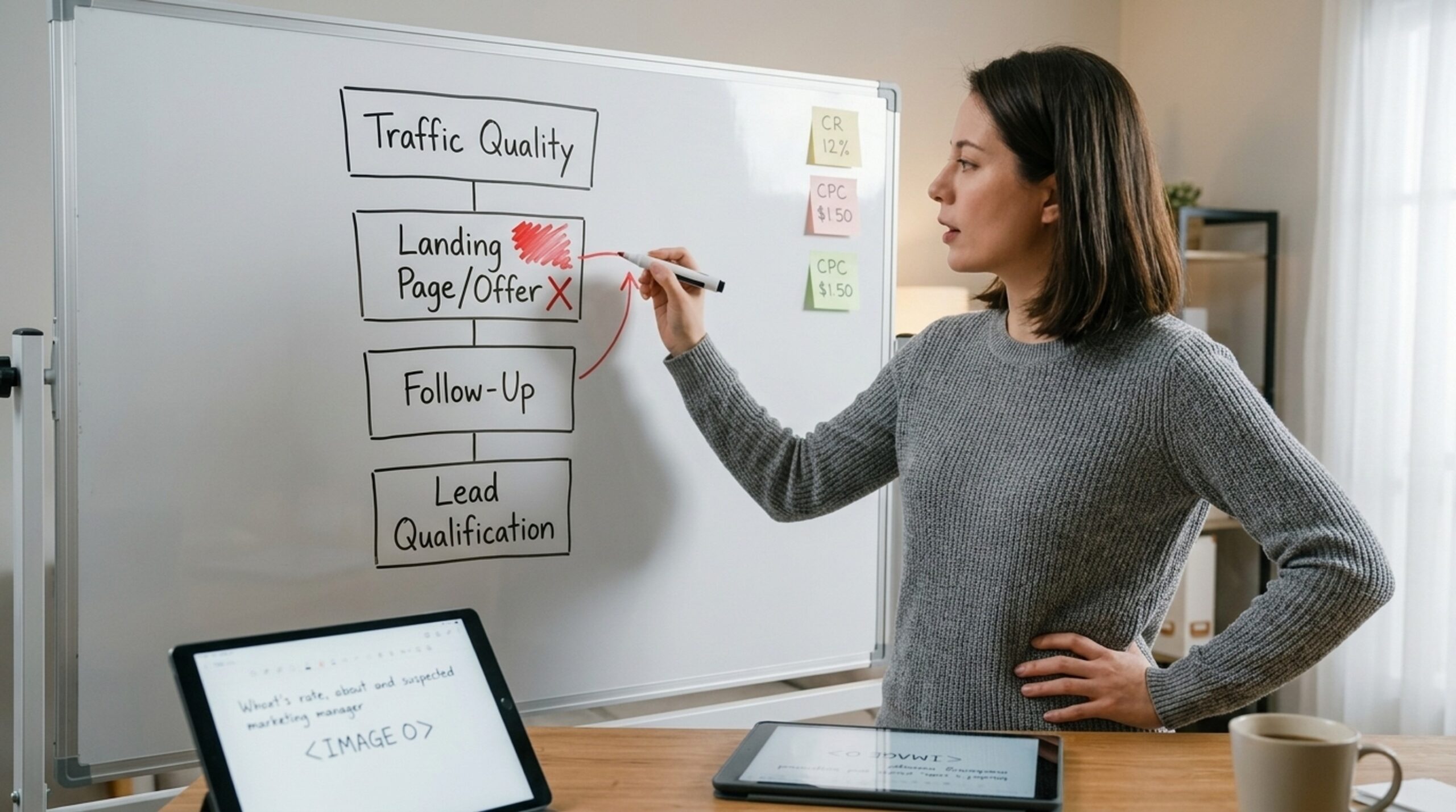 Marketer sketching a four-stage funnel diagnostic on a whiteboard to find low conversion causes