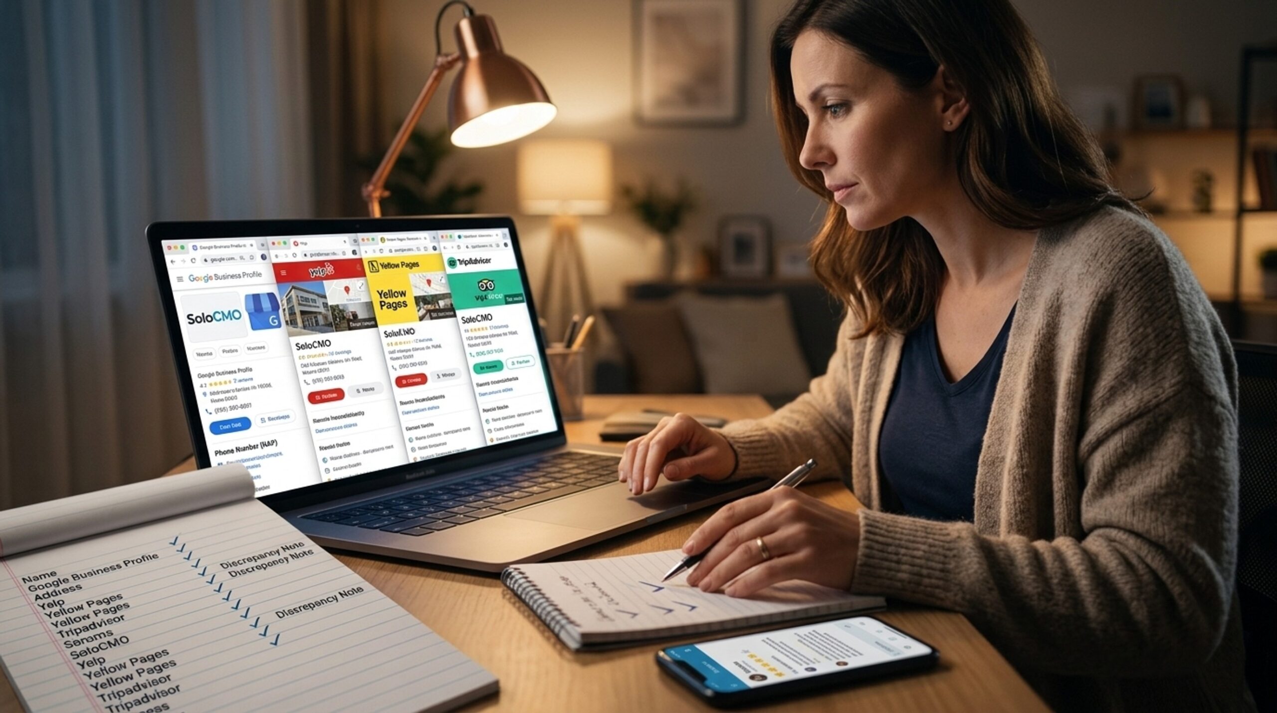 Marketer cross-checking NAP consistency across directory listings and review activity on multiple tabs