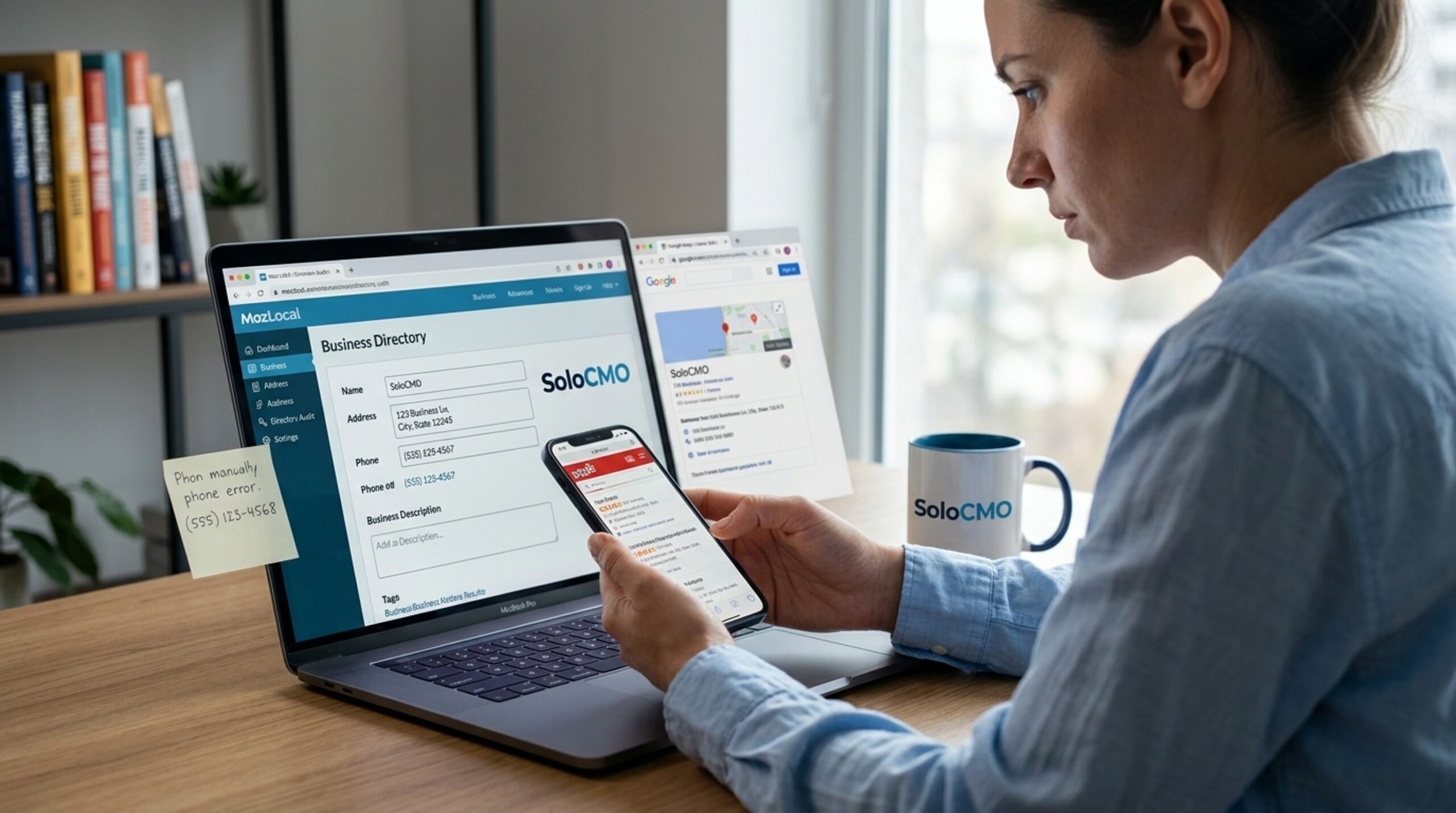 Marketing manager comparing business directory listings to check NAP consistency
