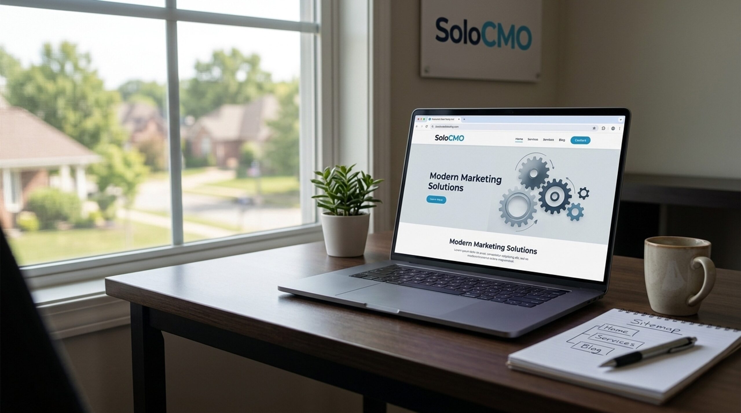 Laptop showing a generic website homepage lacking local relevance signals near an office window