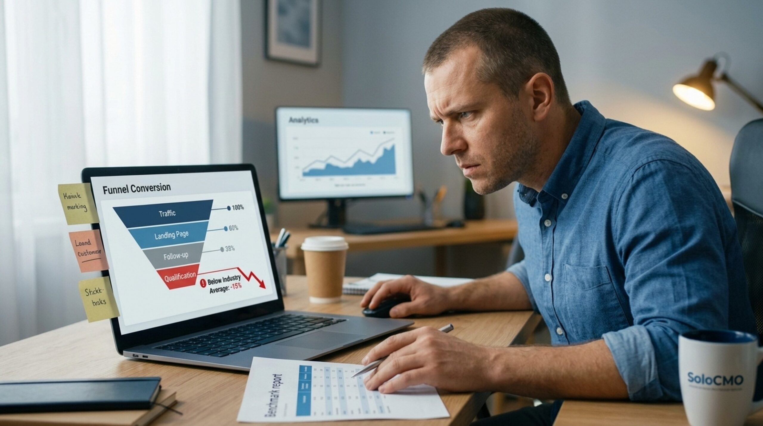 Solo marketing manager reviewing a funnel dashboard to identify low funnel conversion rate causes