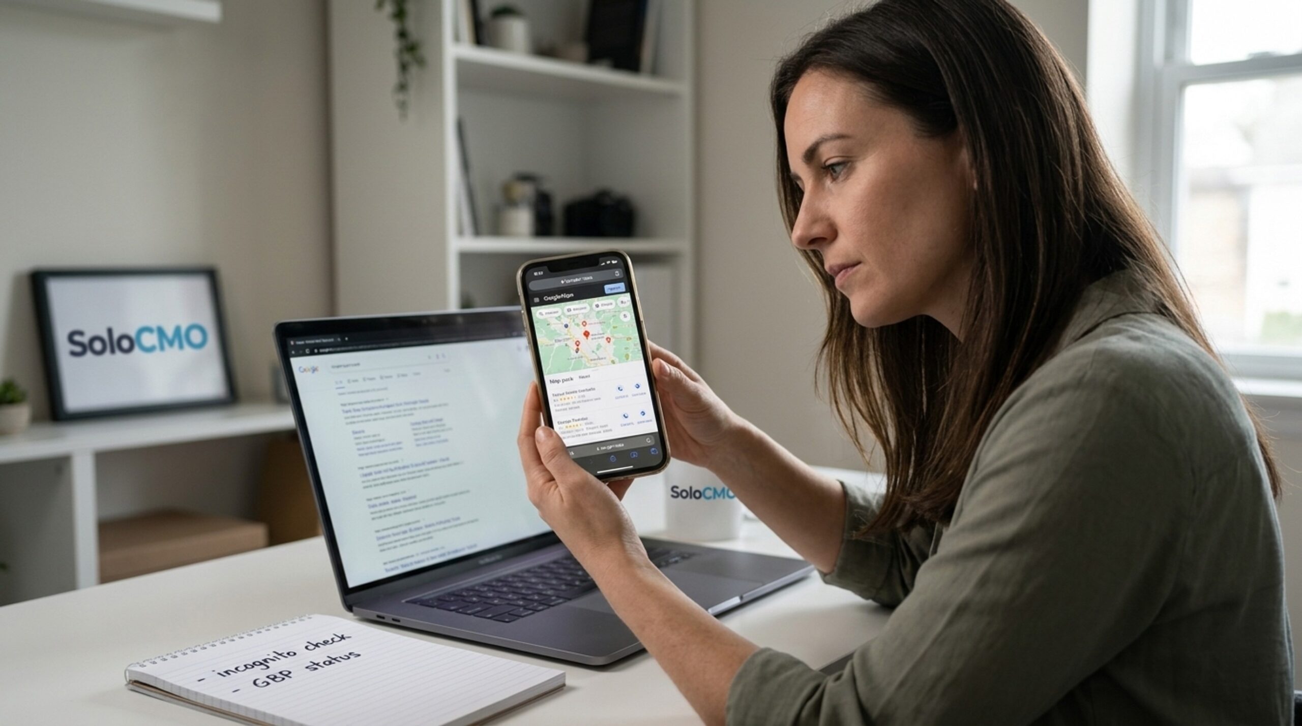 Marketer comparing incognito phone search to laptop view to verify a real local pack rankings drop