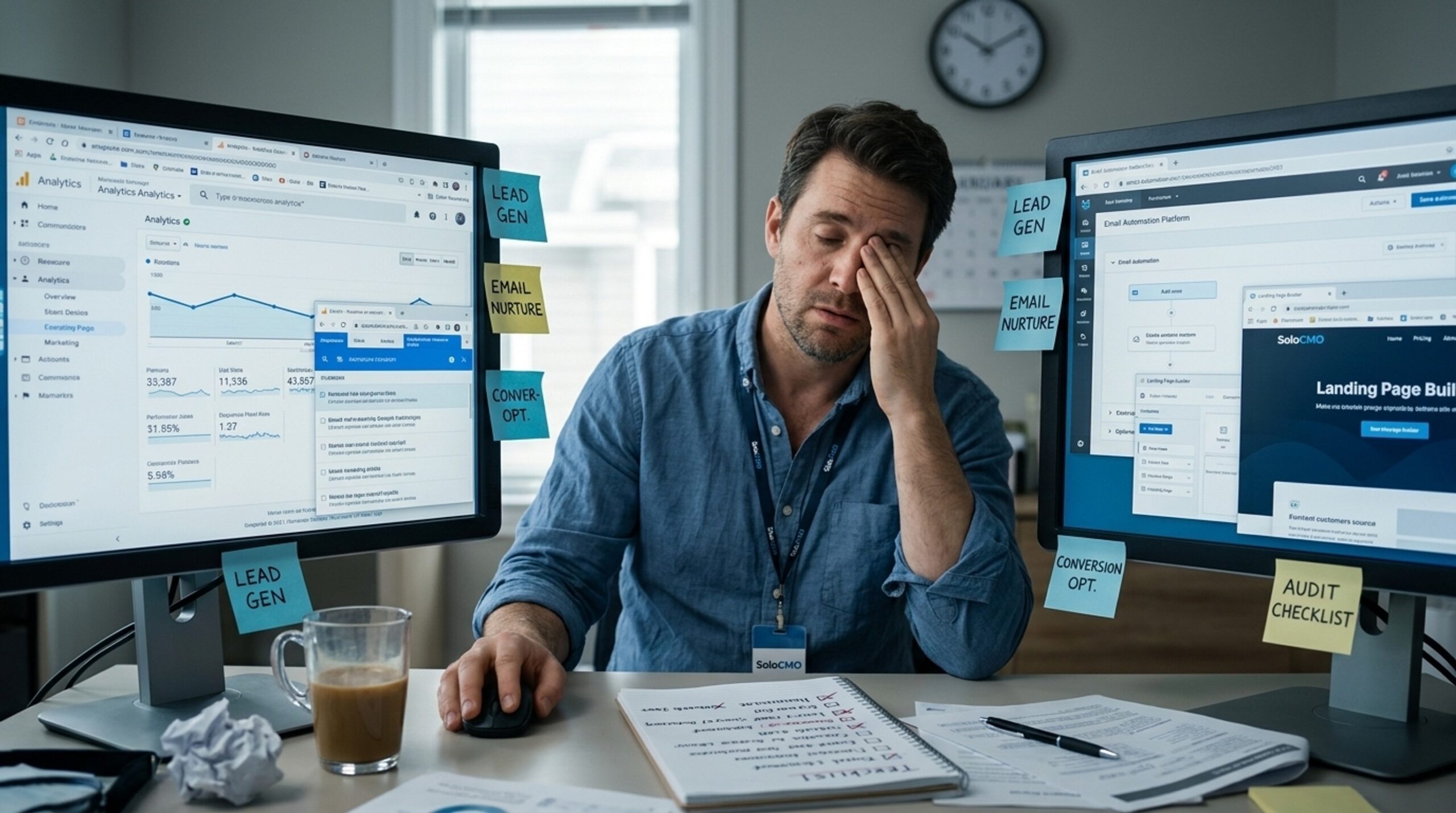 Solo marketer switching between disconnected tools while manually auditing a funnel alone