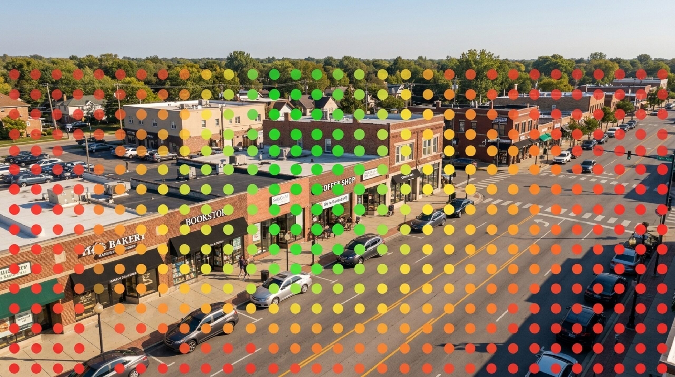 Neighborhood street with color overlay showing what green, yellow, and red mean on a local SEO heatmap