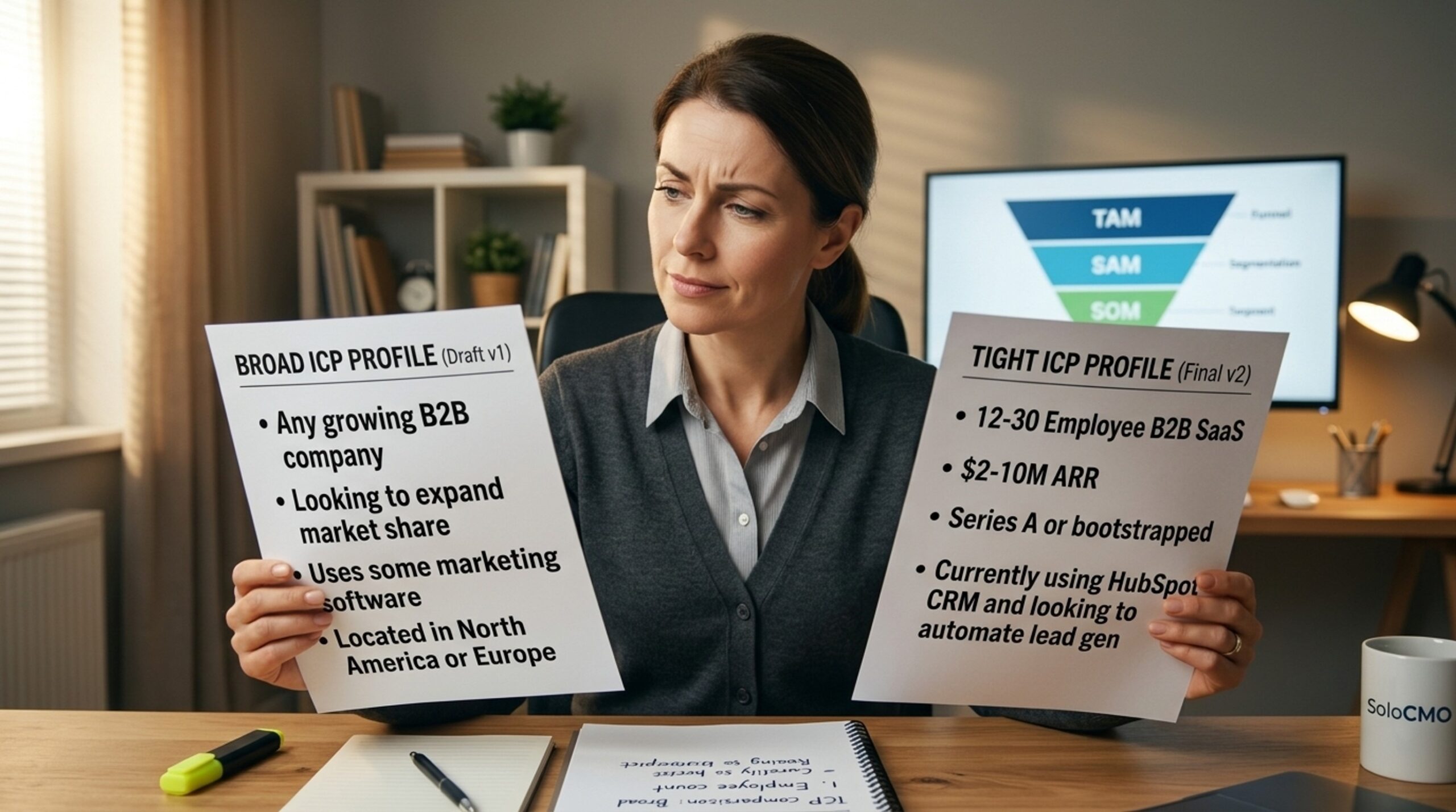 Marketer comparing broad and precise ICP documents to define a vague customer profile