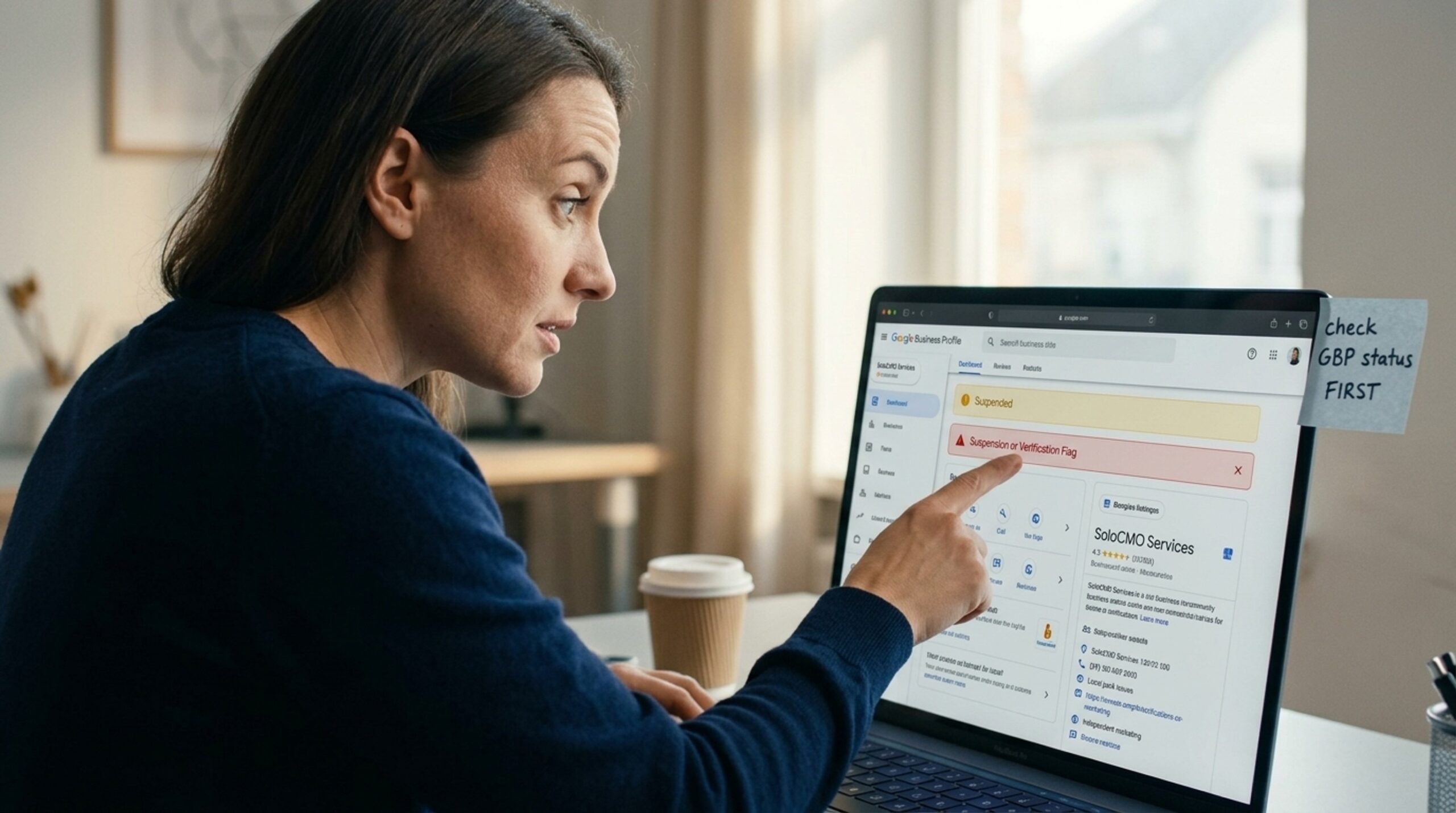 Marketer checking Google Business Profile status banner for suspension after a sudden ranking drop