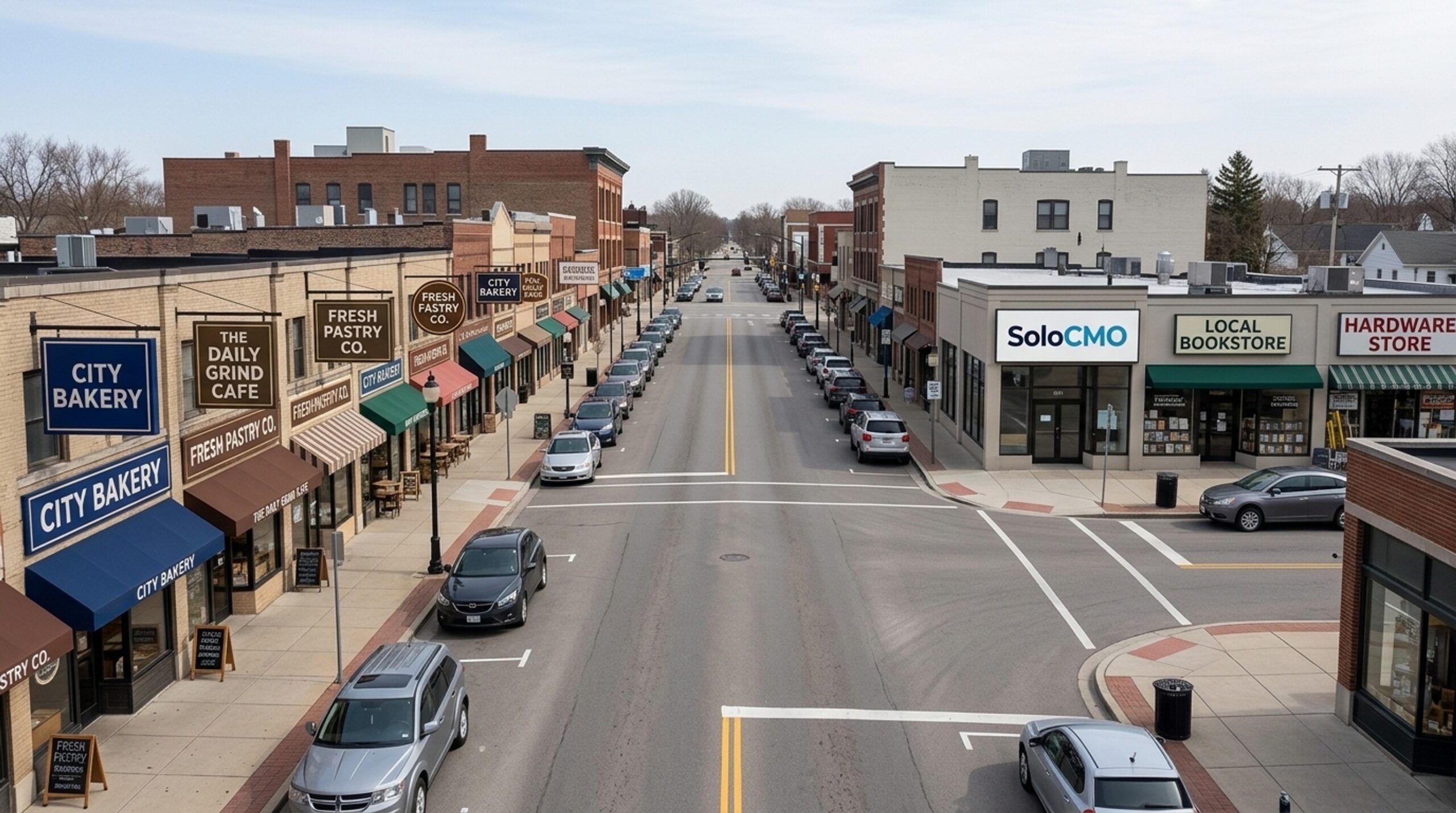 Commercial street showing dense competitor clustering that explains uneven local SEO heatmap results